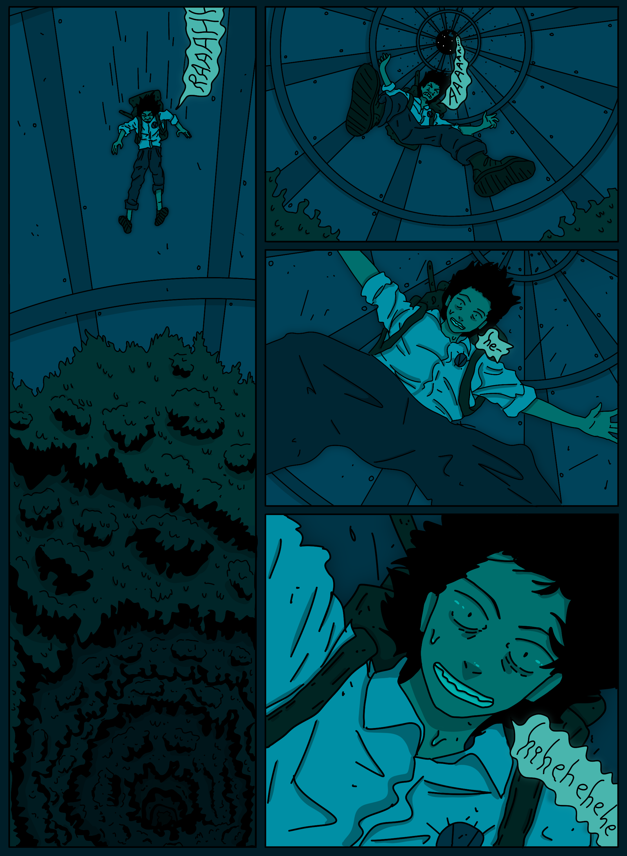 A comic strip shows a person falling from a tall structure and landing on a roof. They seem to be distressed and are reaching out for help. Another person in the lower right panel is lying on the ground, smiling and holding a piece of paper with the word 'sheke' on it.