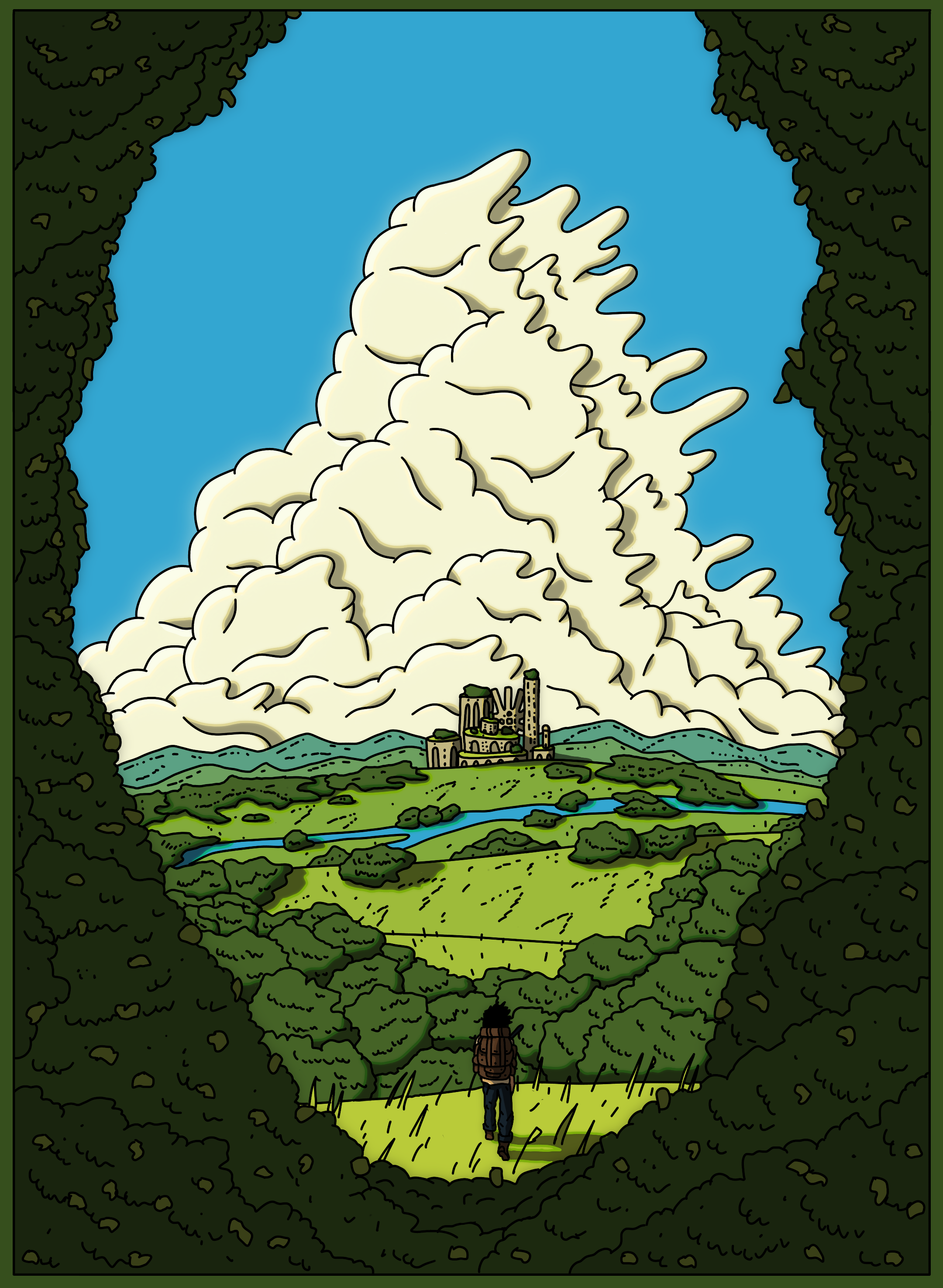 A person with a backpack standing in a forest clearing, looking towards a castle in the distance with a large explosion or cloud of smoke erupting behind it.