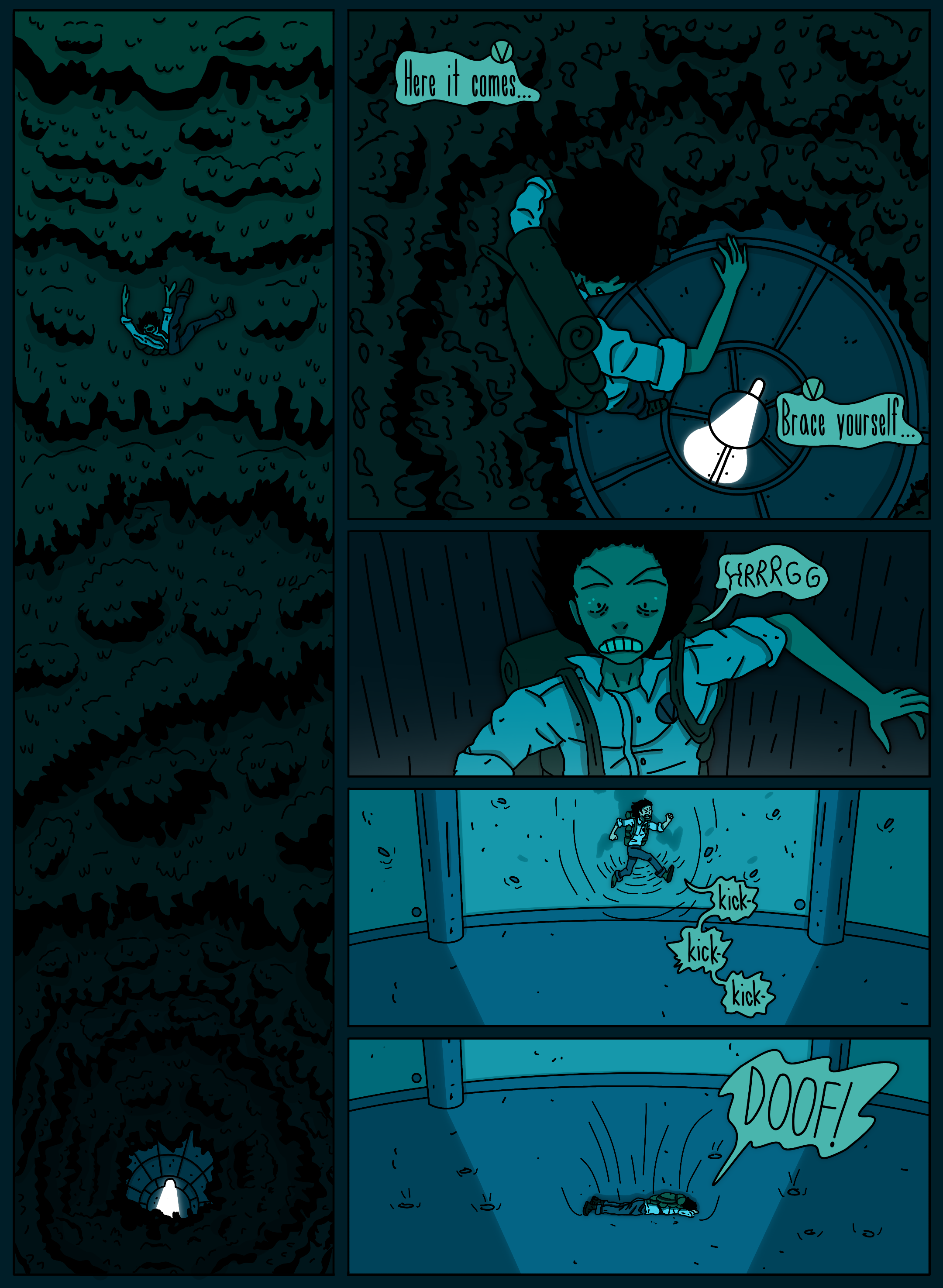 A comic strip showing a person base jumping into a forest, then landing on a platform with a door. The person is startled by a monster roaring and stepping out of the door, then tumbles to the ground.