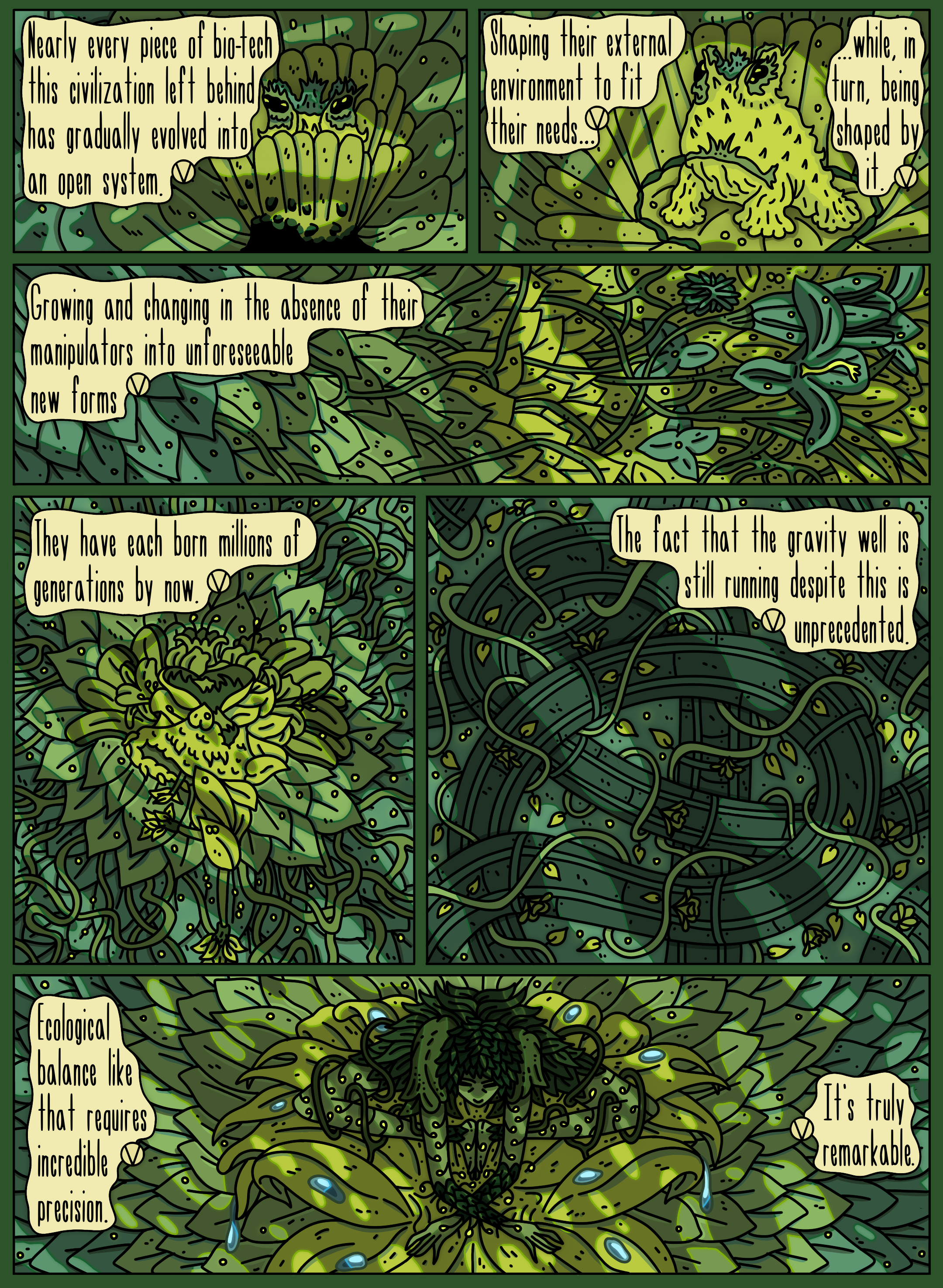A detailed digital illustration resembling a dense, jungle-like environment with a lot of green leaves, vines, and plant-like structures. Superimposed are speech bubbles with text explaining bio-tech evolution, environmental adaptation, and ecological balance, describing interconnected organisms, natural and engineered modifications, and their remarkable complexity.