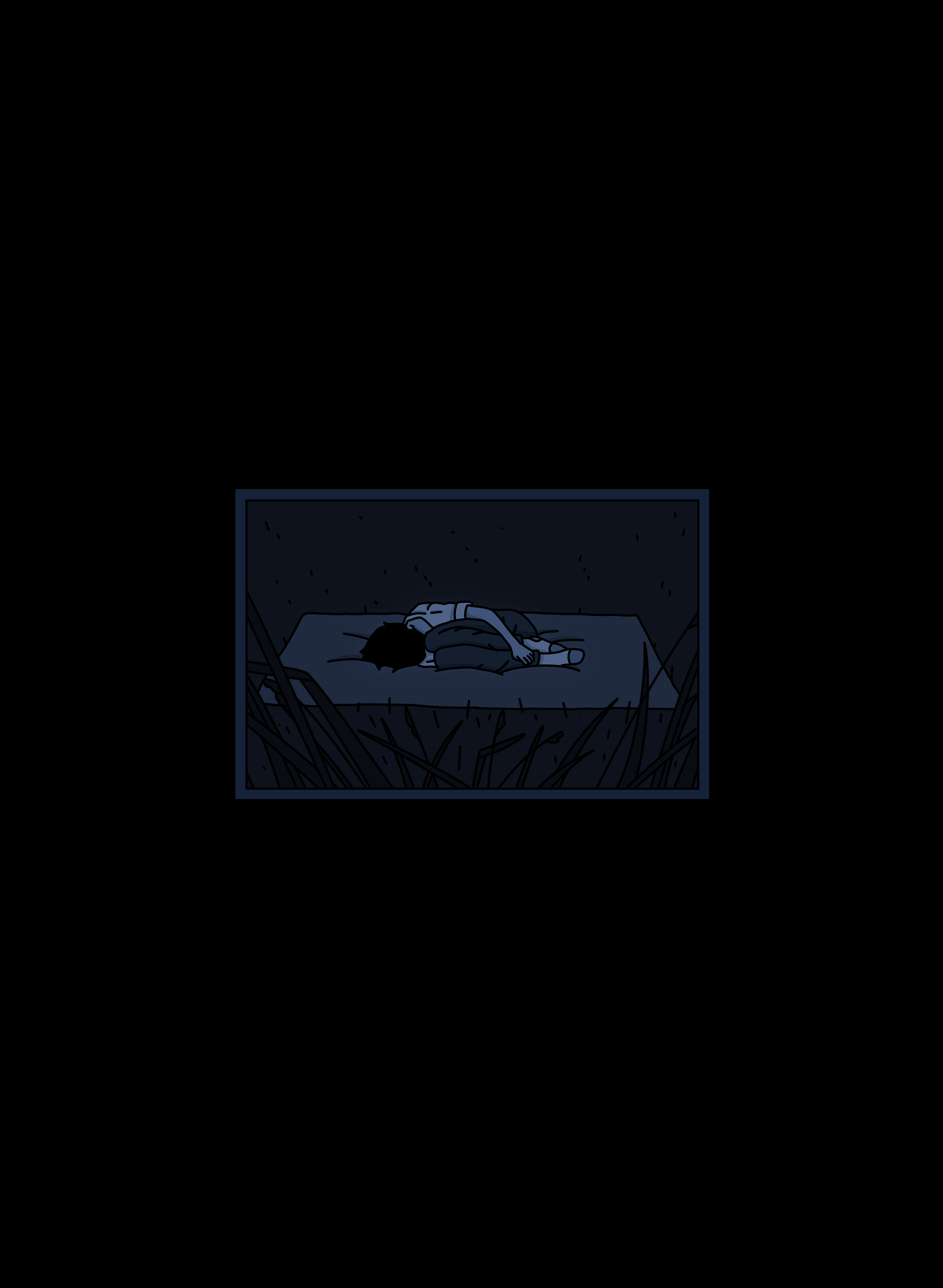 A person sleeping on a bed in a dark bedroom.