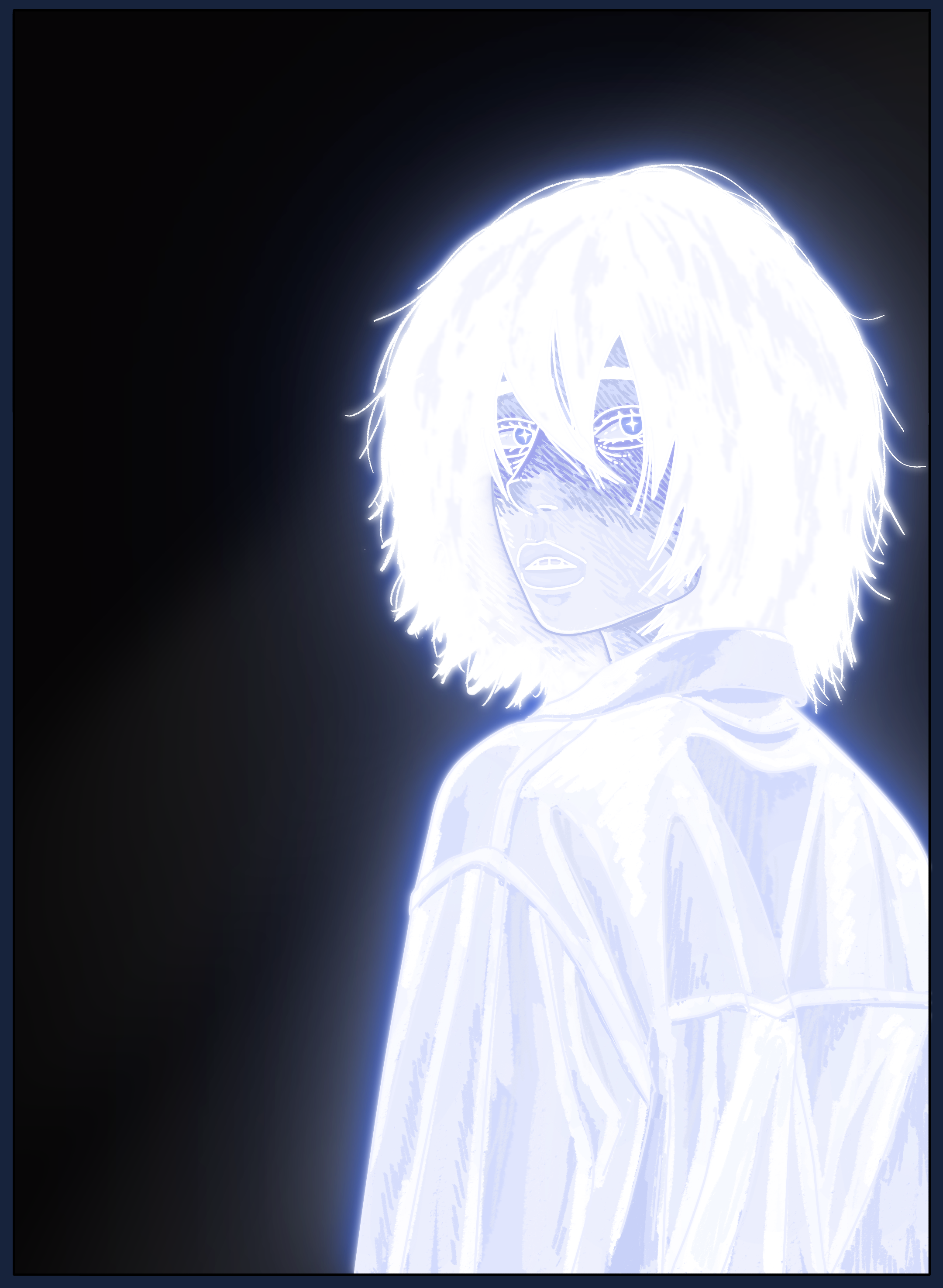 A digitally generated image of a person with glowing white hair and glowing skin, wearing a white shirt and a skirt, standing against a dark background.