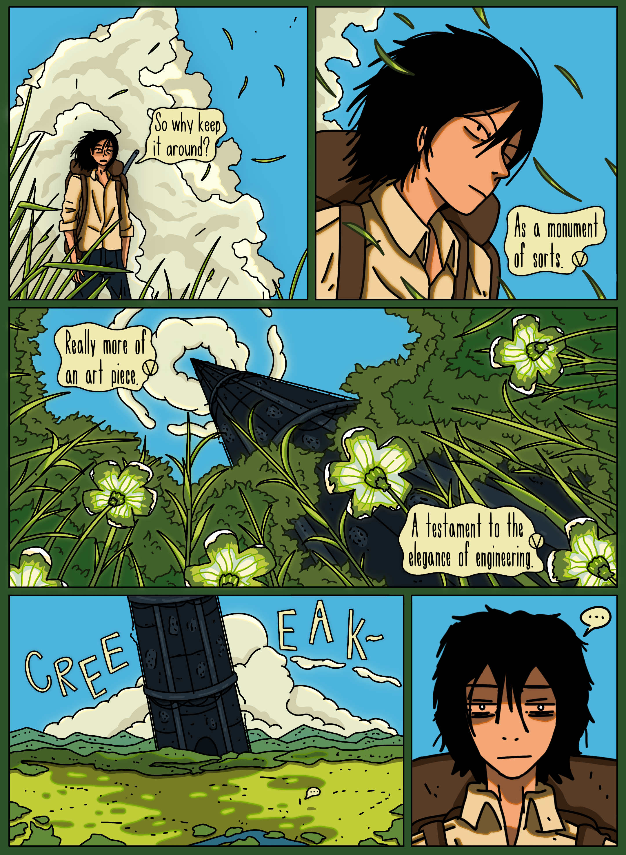 A comic panel showing a person standing near a large, mysterious monument emitting smoke. The person says, 'So why keep it around?' The monument is depicted as a tall, black, tower-like structure surrounded by green foliage, with white flowers nearby. The background includes a blue sky with clouds.