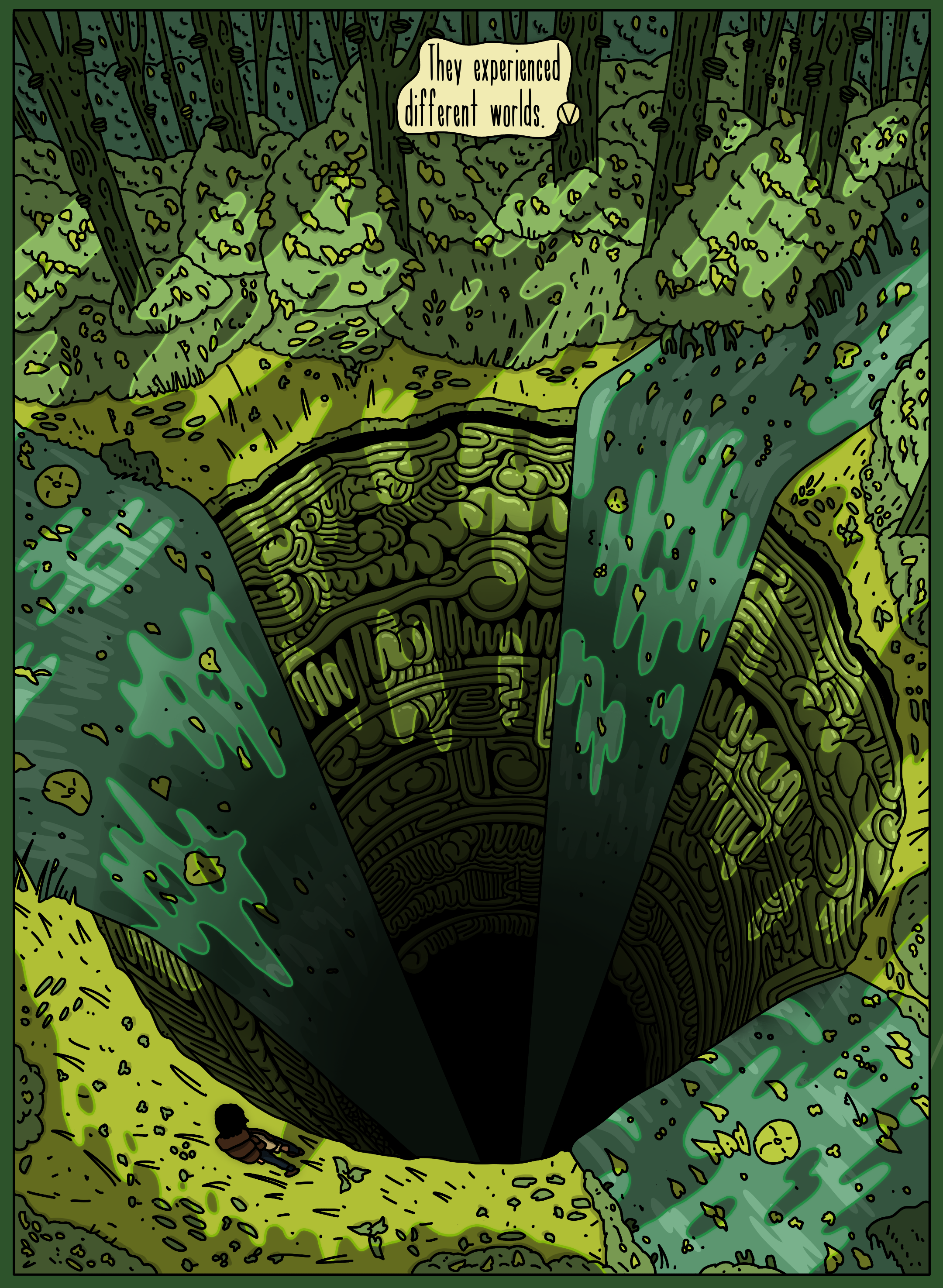 A person is standing at the edge of a deep, dark well with intricate maze-like patterns on its walls, surrounded by lush green moss and small plants in a dense forest.
