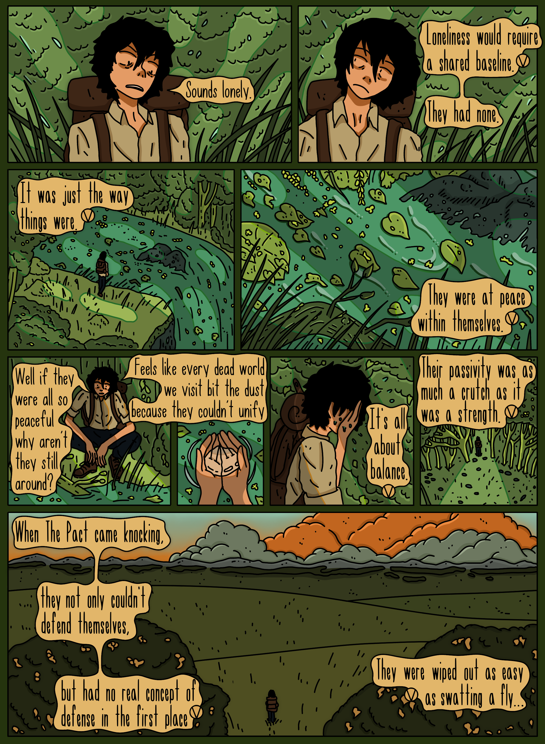 A comic strip with a person sitting on a hill in a forest, speaking about loneliness, peace, and balance. The scene shows lush greenery, a winding river, and distant mountains, with dark clouds and smoke in the background.