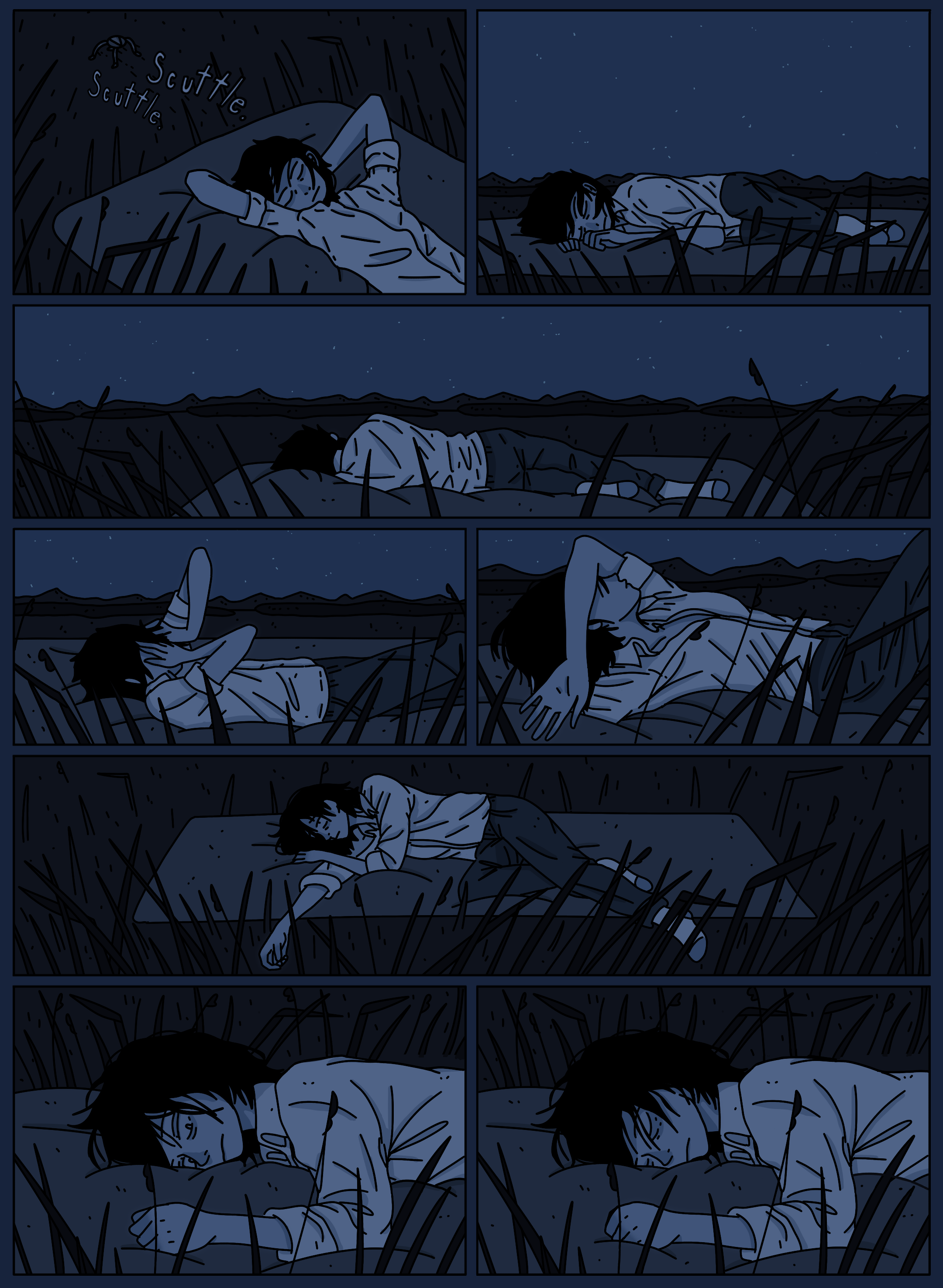 A comic strip showing a person sleeping outdoors on a grassy field at night. The person goes from lying on their back to lying on their stomach, turning over in their sleep. The background features a starry sky and distant mountains.