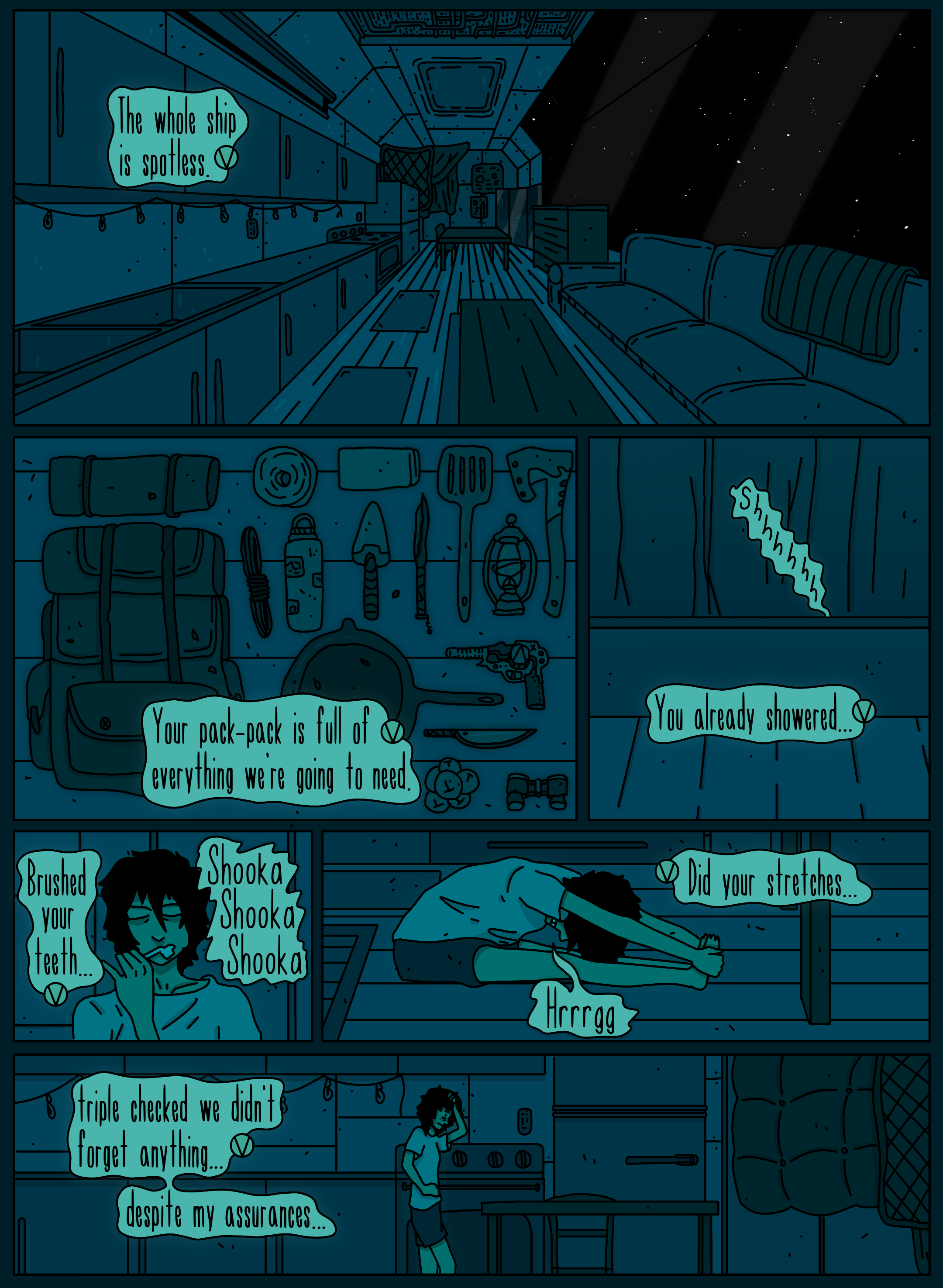 A comic strip showing a spaceship interior at night, with a character examining the space and a note about cleaning. The scene is dark, with stars visible through the window. The character is holding a toothbrush, with dialogue suggesting they are cleaning their teeth and packing for a trip.