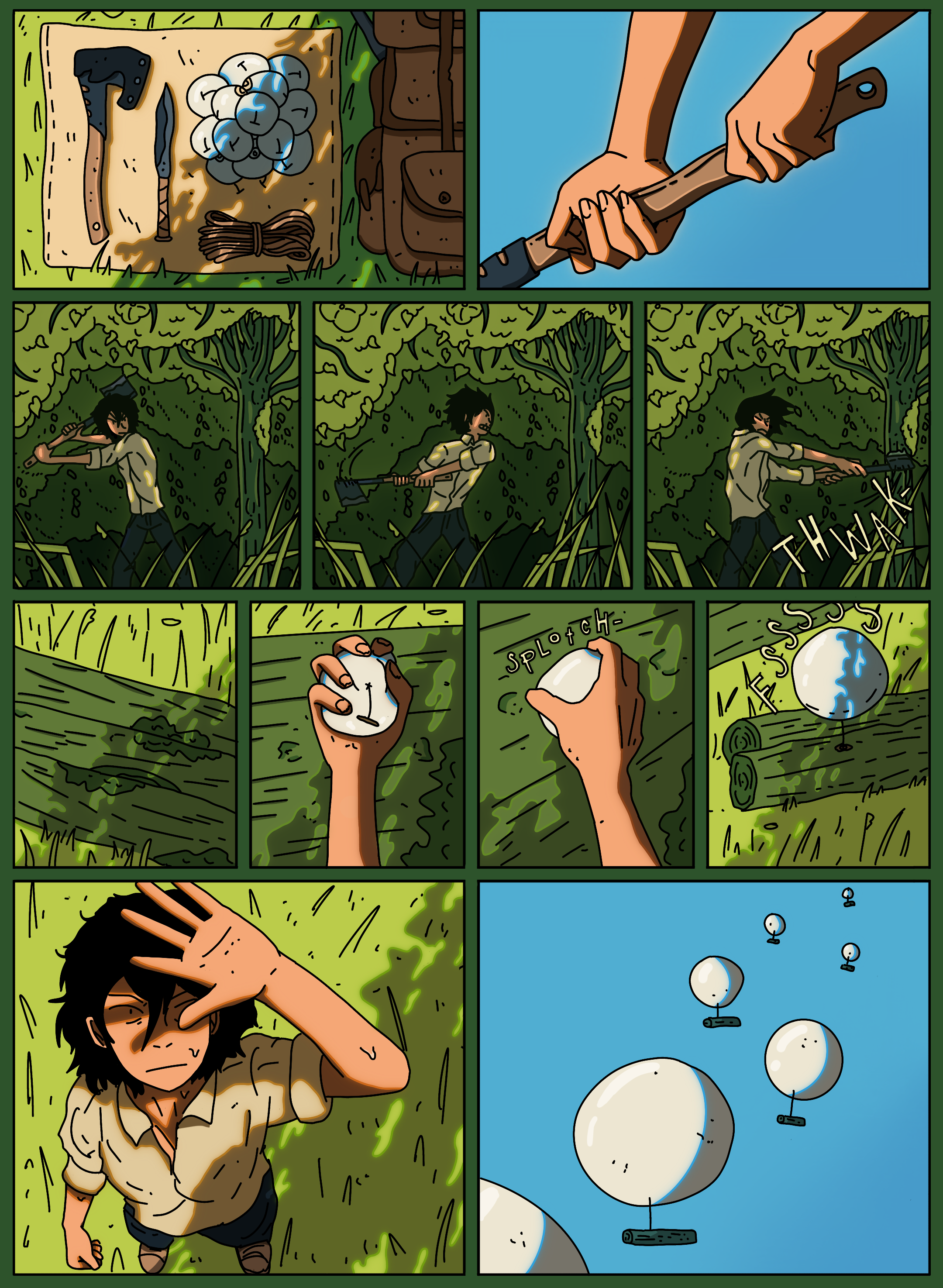 A comic strip illustrating a person in a forest preparing for a boat race. In the first panel, the person is packing gear including a knife, a bundle of rope, and a bundle of onyx. In the second panel, they are holding an axe. The third and fourth panels depict the person hiding behind a tree, preparing to release balloons into the water, which are tied to anchors, possibly as a distraction or trap. The last panel shows the balloons floating away in the sky.