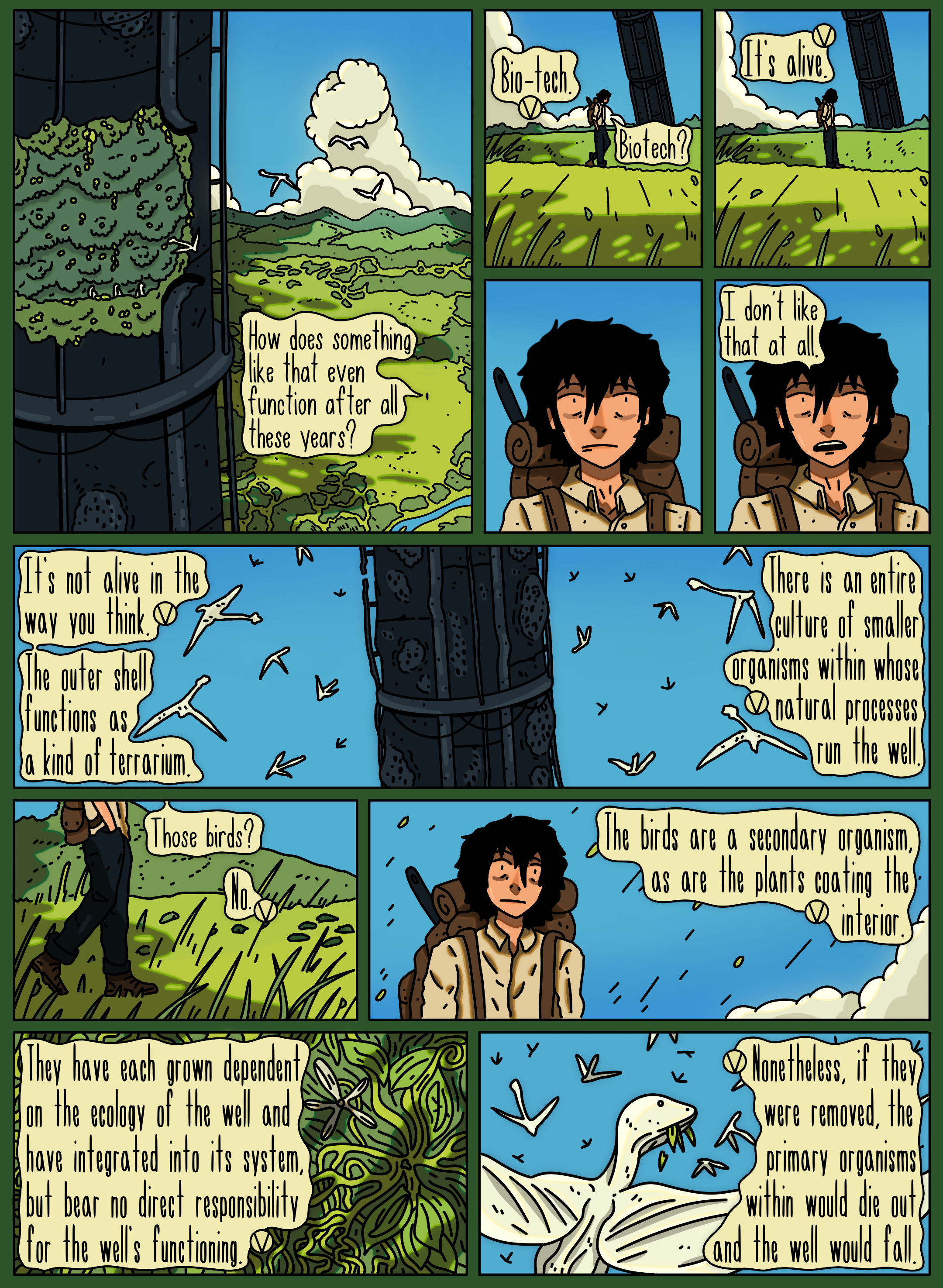 A comic strip about bioengineering and ecology. A person with a backpack and walking stick examines a body of water and discusses its function as a sort of terrarium with tiny organisms, including birds and plants, which support the system. The comic highlights the interdependence of organisms within an ecosystem.