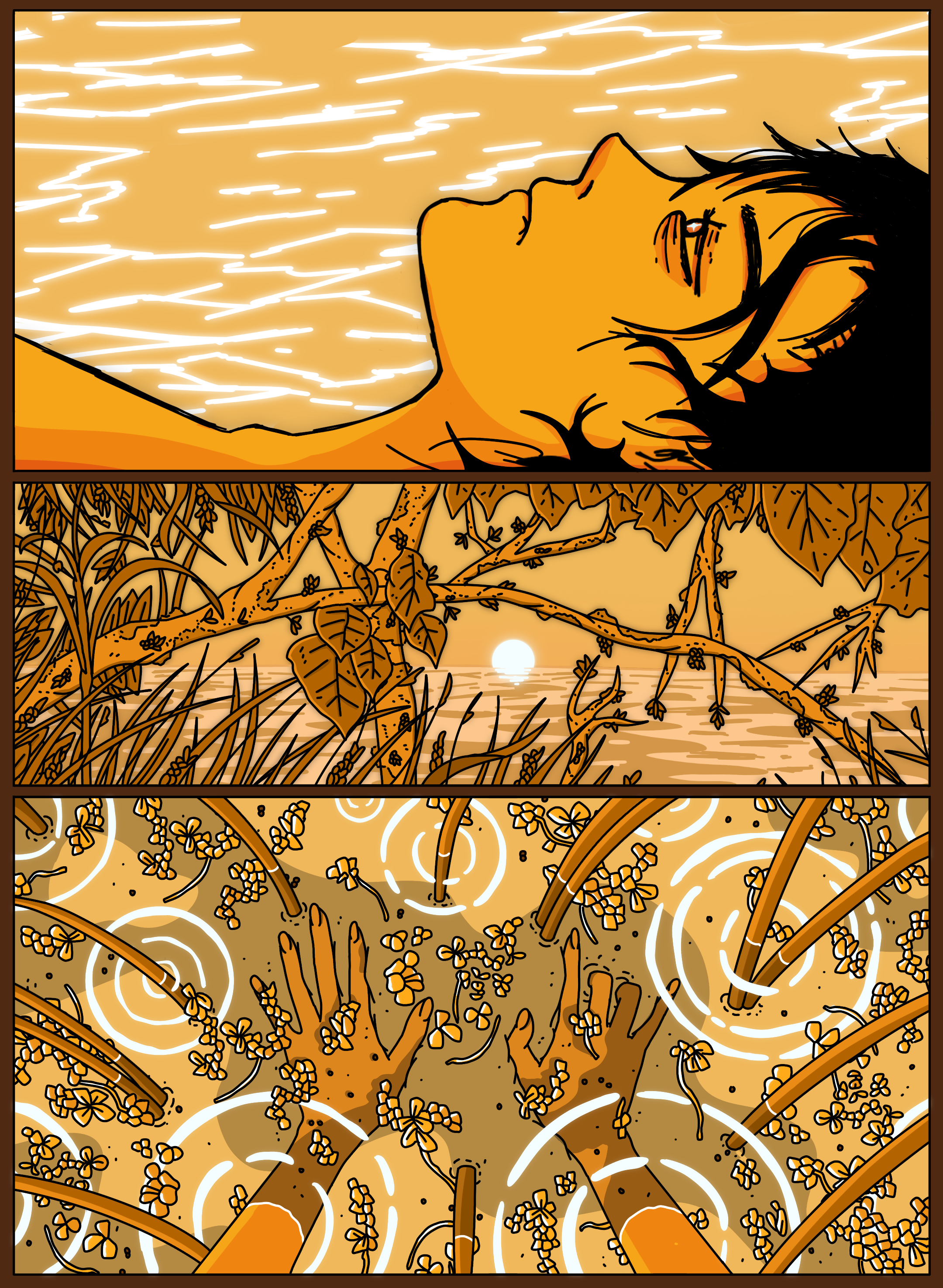 A person lying on their back by a body of water during sunset, with tall grass and leafy plants in the foreground and the reflection of the sunset on the water.