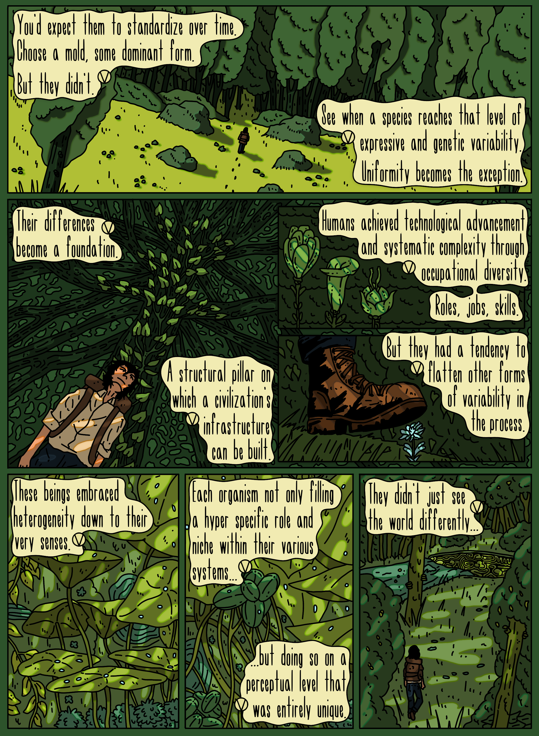 A person walking through a lush, green forest with dense foliage and tall trees, engaged in observing or studying plants. The scene appears to be part of a comic or educational panel discussing biological diversity, adaptation, and the evolution of species within a forest environment.