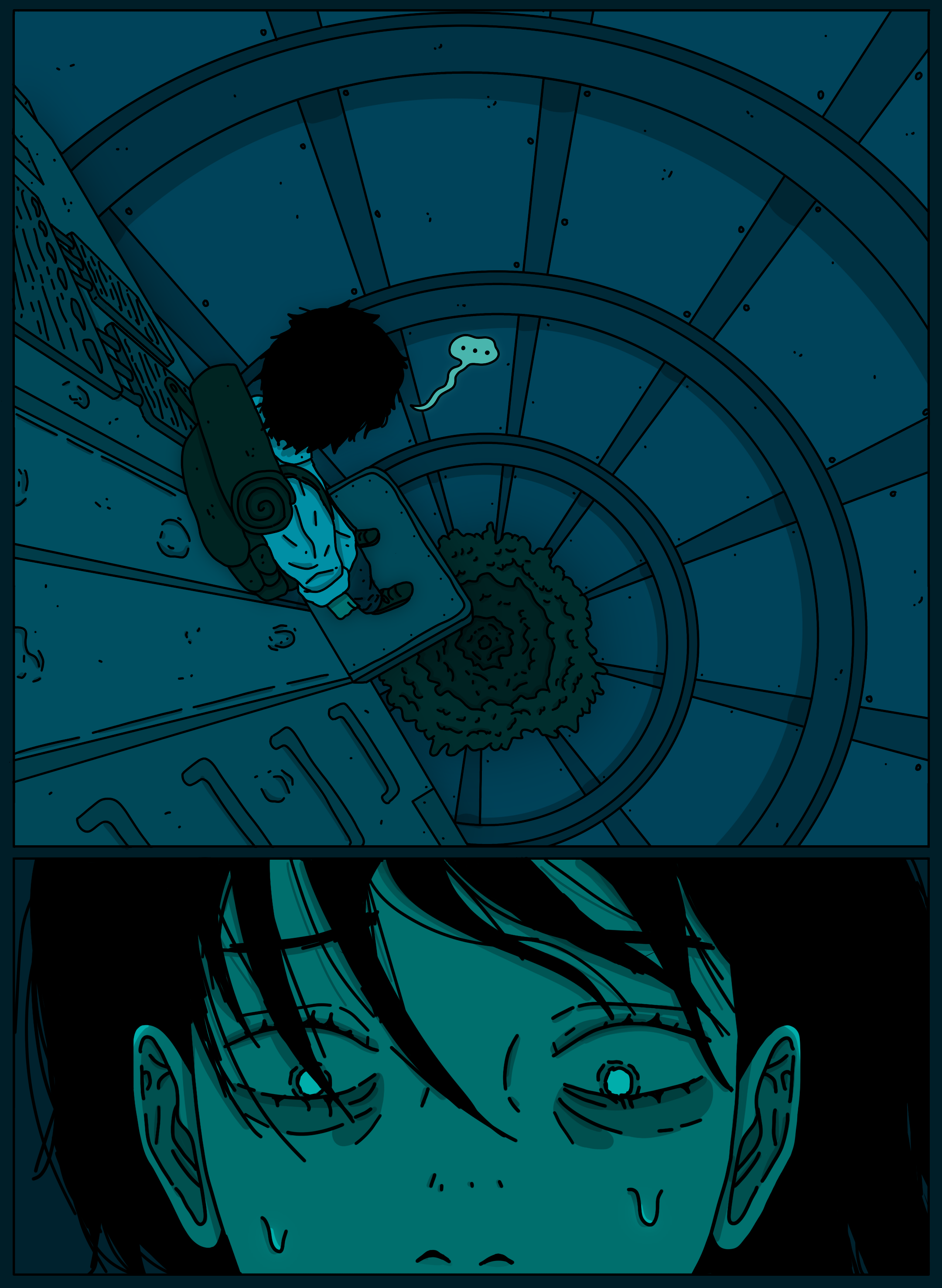A comic-style illustration of a girl with dark hair, tears, and headphones, looking at a spiral staircase with a mysterious glowing object and a small creature in the center.