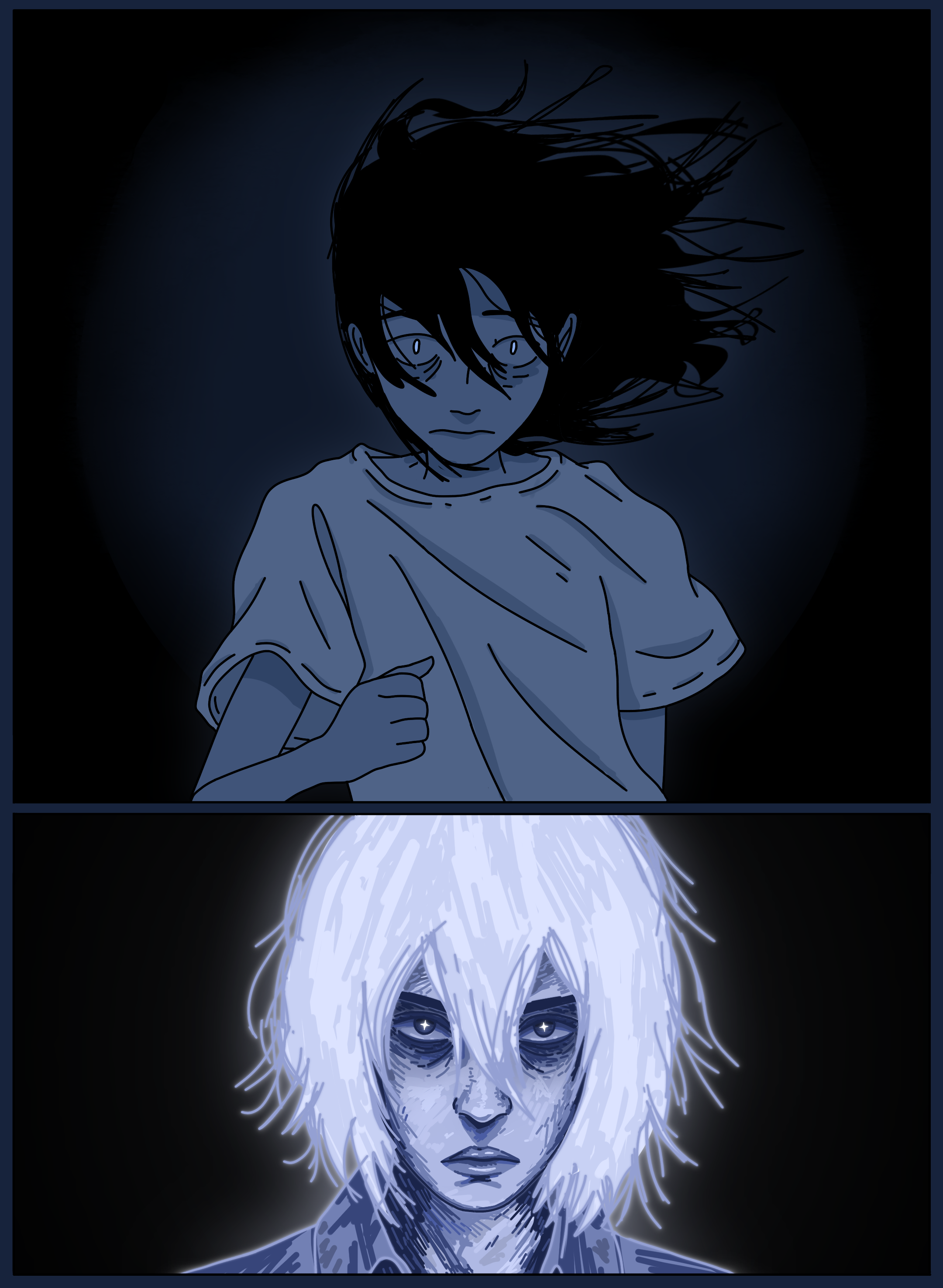 Two digital illustrations of characters with contrasting appearances. The top image features a character with long, messy black hair, wearing a loose shirt, and surrounded by a dark background. The character has a serious expression. The bottom image shows a character with wild, white hair, intense eyes, and a serious expression, set against a dark background with a glowing aura.