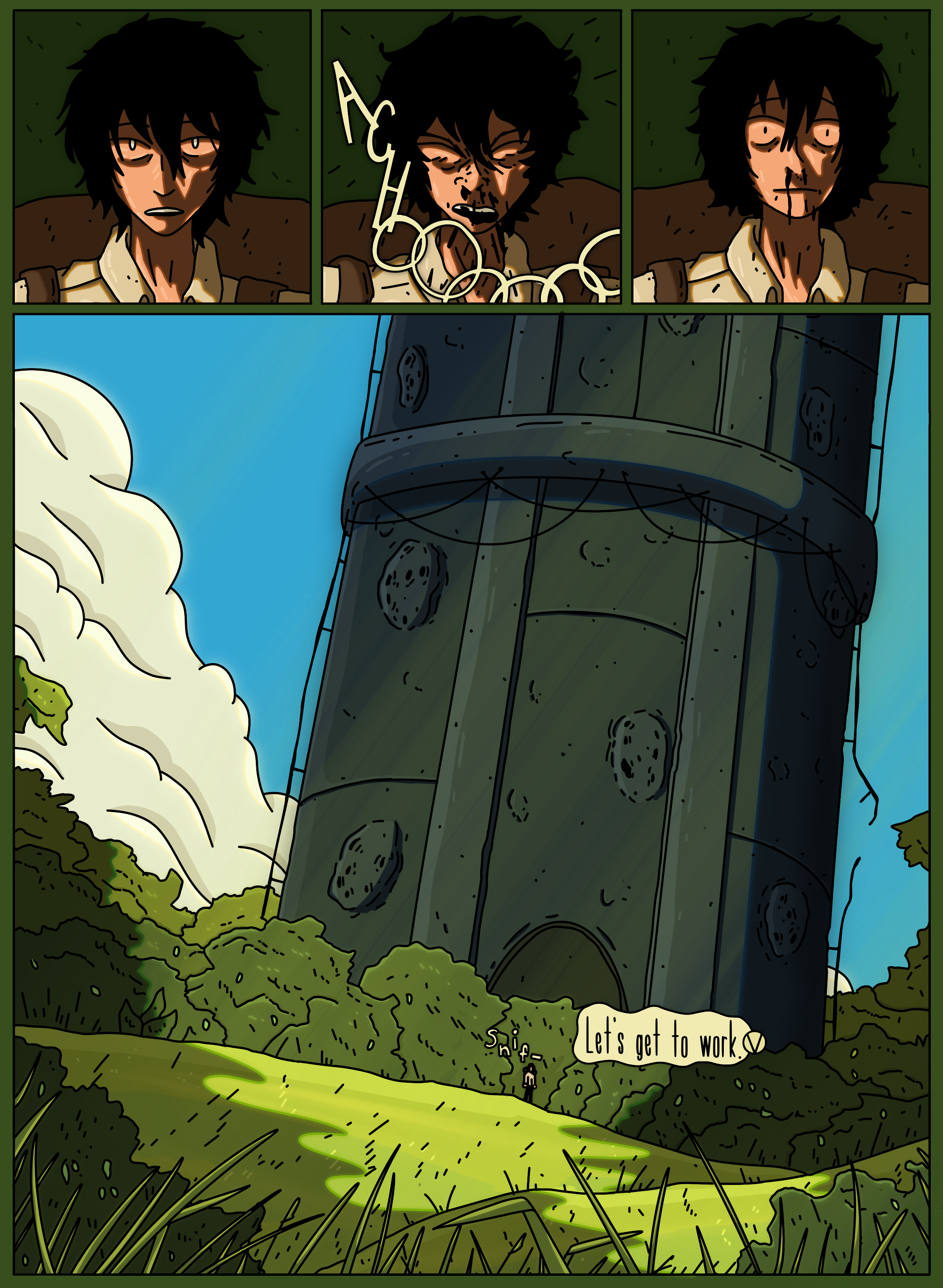 A comic panel scene featuring three close-up shots of a character with messy black hair and a tired expression, and a larger scene showing a tall, metallic tower in a forested area with a small person walking and saying, 'Let's get to work.' The tower is dark green with circular patterns and a glowing green liquid pool beneath it, with clouds and trees surrounding the scene.