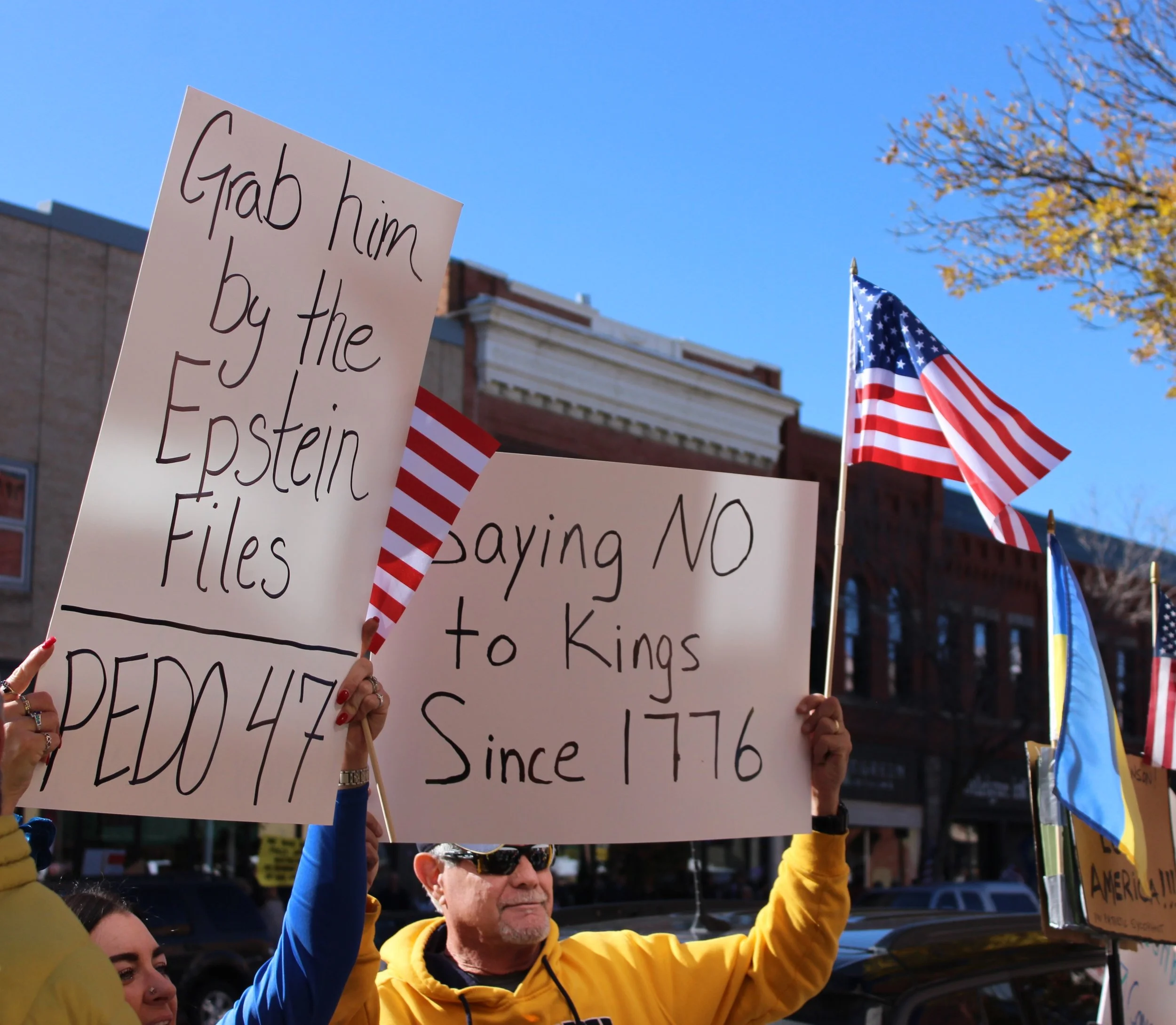 People holding protest signs and American flags during a demonstration. One sign reads 'Grab him by the Epstein Files' and another says 'Saying NO to Kings Since 1776.'