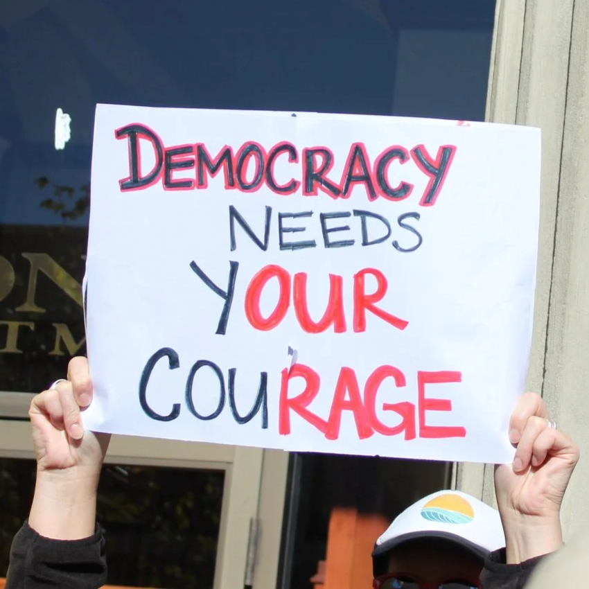 Person holding a sign that reads 'Democracy needs your courage' outside a building.