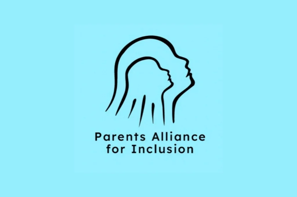 Logo for Parents Alliance for Inclusion featuring intertwined outlines of a woman and a child against a light blue background with black text.