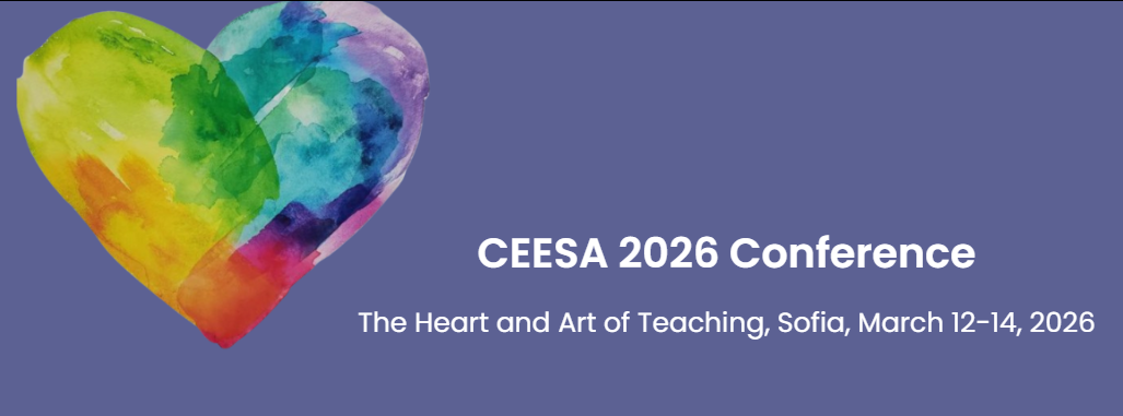 Colorful watercolor heart with the text 'CESA 2026 Conference, The Heart and Art of Teaching, Sofia, March 12-14, 2026' on a purple background.