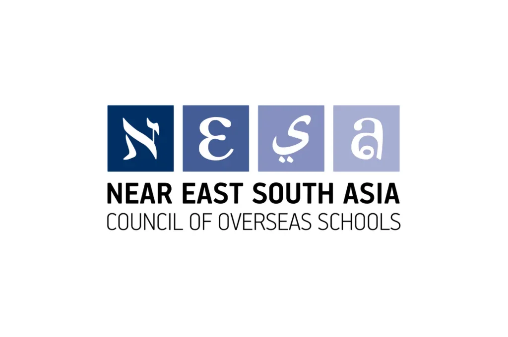 Logo for NEAR EAST SOUTH ASIA Council of Overseas Schools, featuring stylized Arabic numerals in blue blocks and text in black and gray.