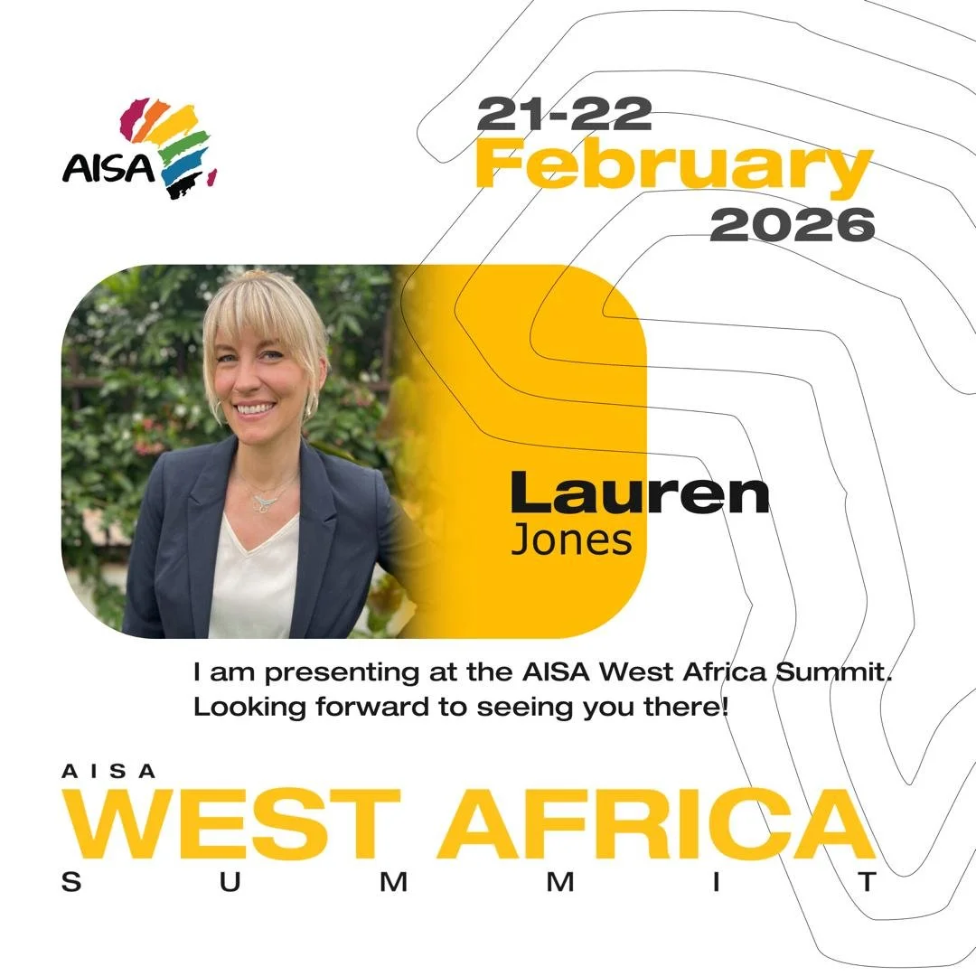 A presentation slide for the AISA West Africa Summit 2026, featuring a photo of Lauren Jones, scheduled to present at the event on February 21-22, 2026.