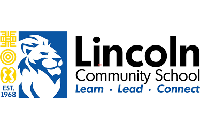 Lincoln Community School logo with a lion's head and the words 'Learn, Lead, Connect'