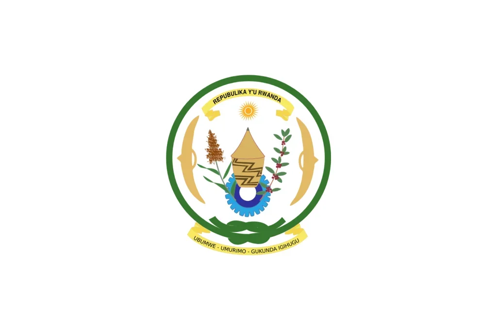 The national emblem of Rwanda, featuring a shield with a traditional Rwandan basket, a spear, a segment of a tree branch, and a cogwheel, surrounded by a green and gold ribbon with text in Kinyarwanda.