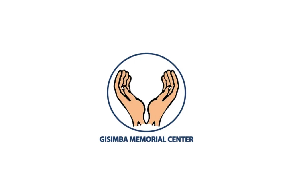 Logo of Gisimba Memorial Center featuring two beige hands gently cupping each other within a circle, with the center's name written below.