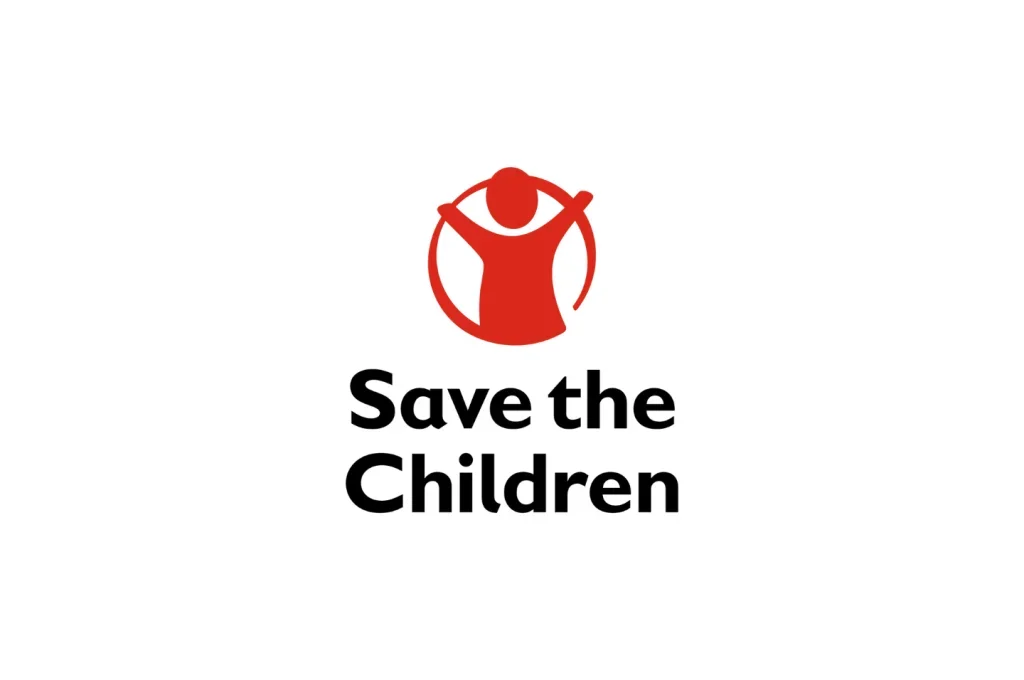 Logo with a red circle and a stylized figure of a child with arms raised, accompanied by the text "Save the Children" in bold black letters.
