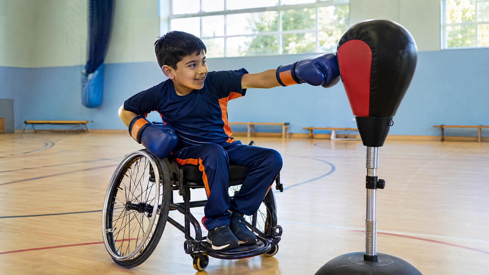 A young boy in a wheelchair practicing boxing against a punching bag in a gymnasium.