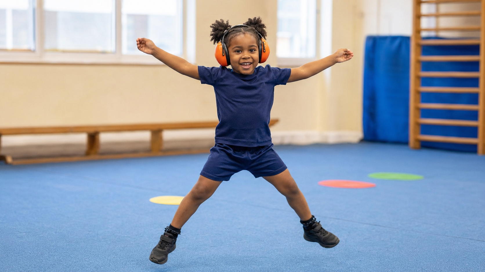 A young girl with curly hair wearing headphones, a blue t-shirt, and blue shorts, jumping in a gymnasium with a blue carpeted floor. There are colorful circles on the floor and gym equipment in the background.