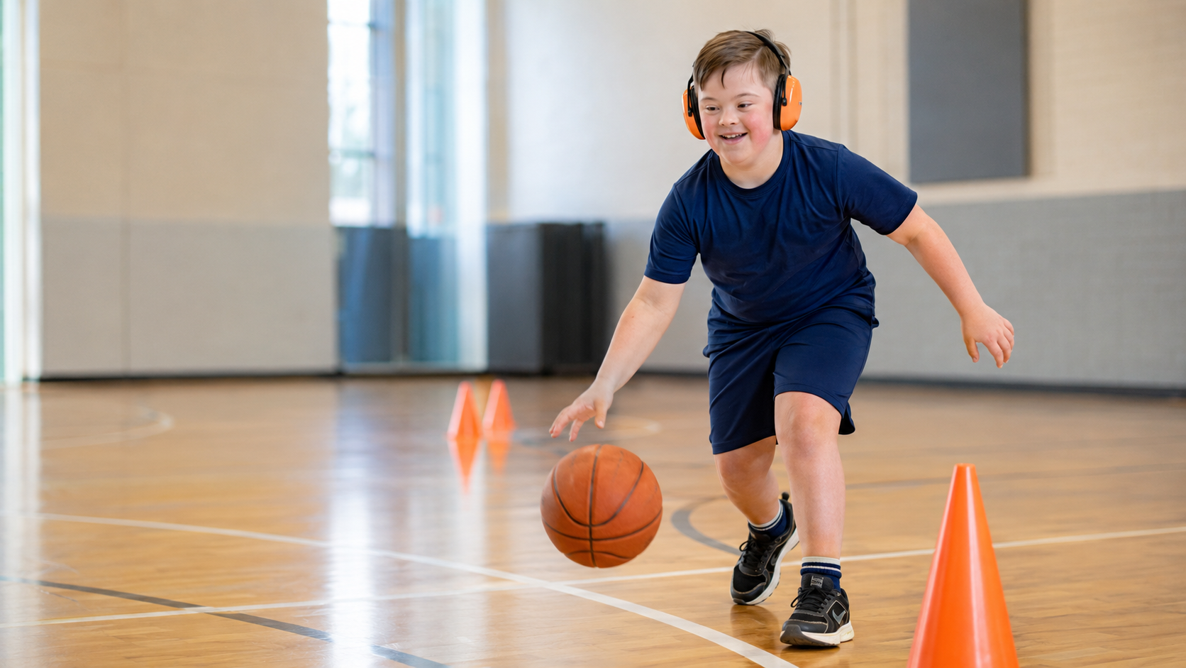 A young boy in a blue sports shirt and shorts is playing basketball in a gym, dribbling a basketball between orange cones while wearing large orange headphones.