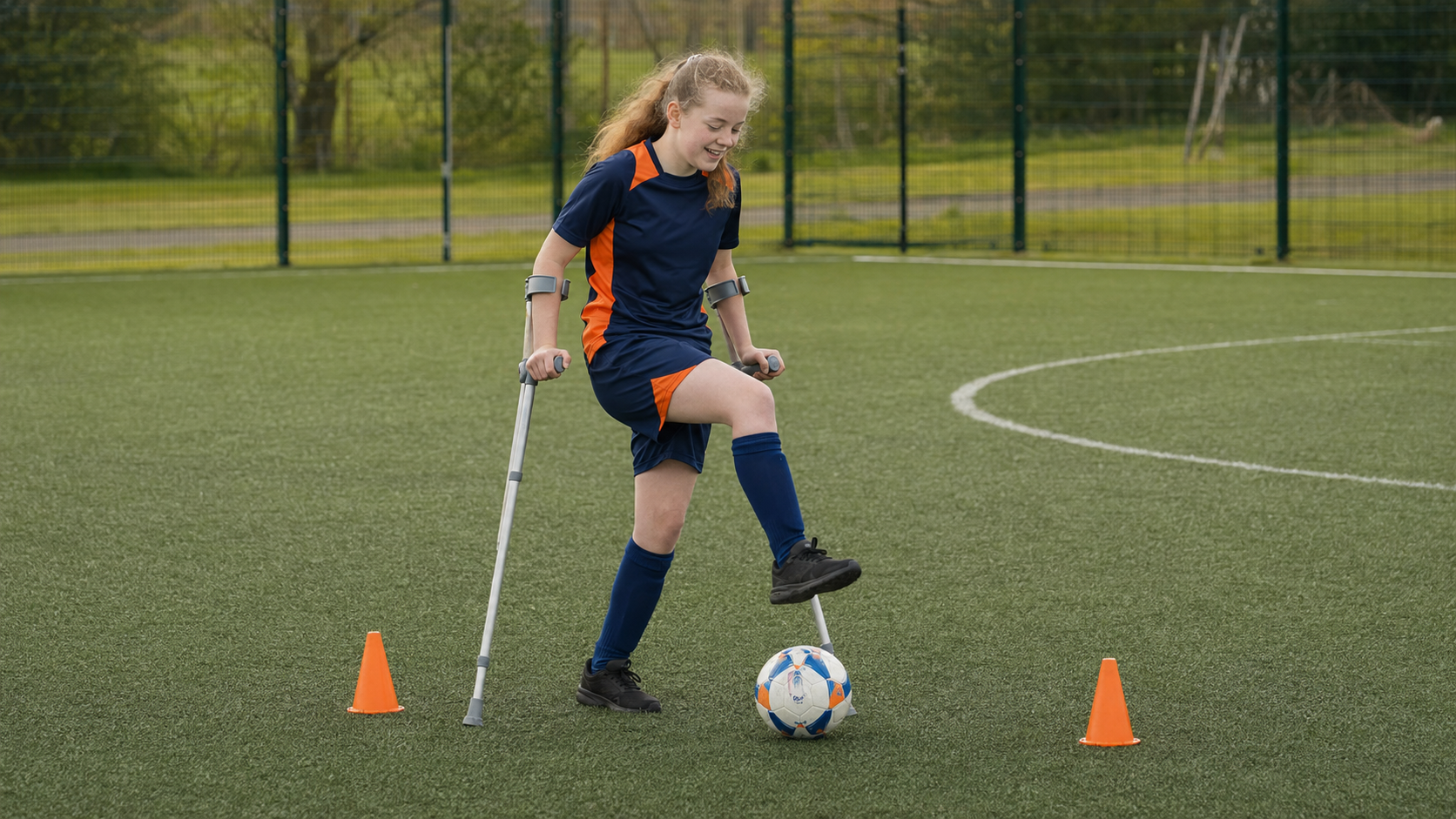 Young girl in sports uniform practicing soccer skills with crutches on a green field.