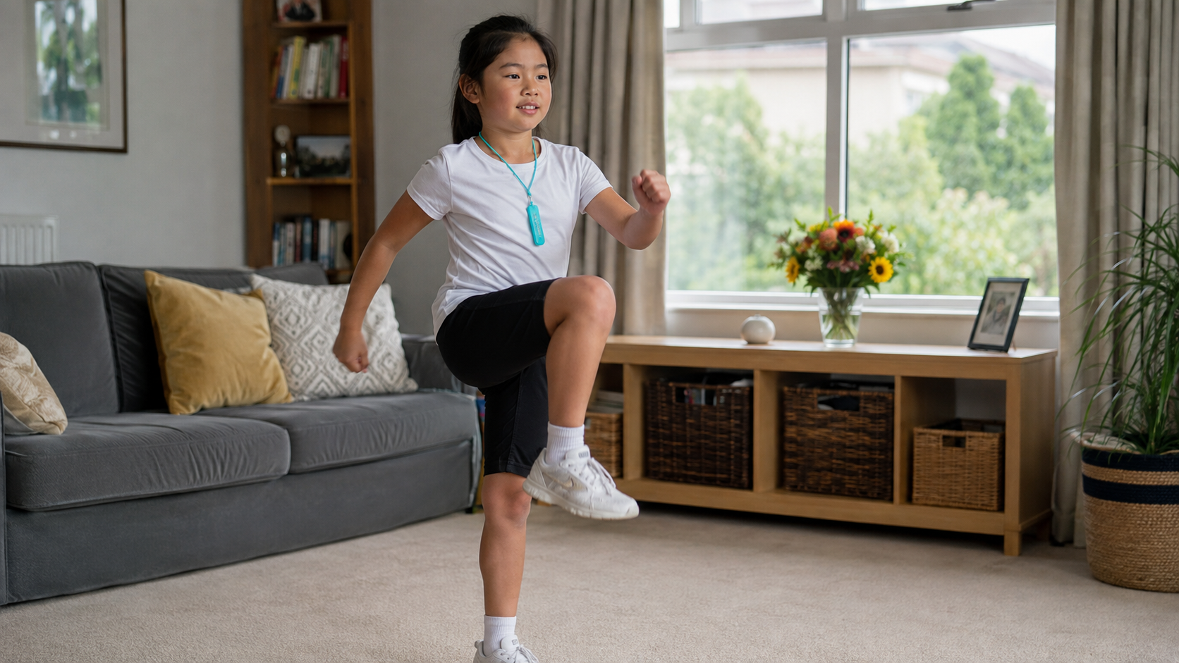 A young girl with a white t-shirt, black shorts, and white sneakers is exercising indoors, lifting her right knee while standing in a living room with a gray sofa, decorative pillows, a wooden shelf, a large window with curtains, a vase of flowers, and a framed photo on a wooden cabinet.