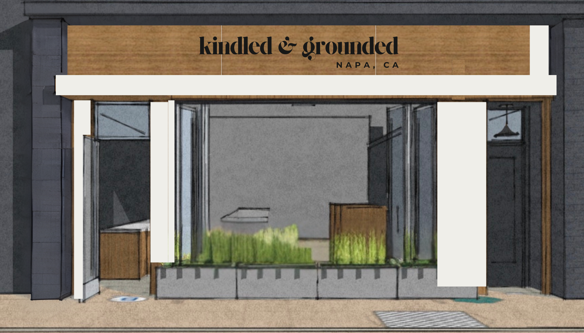 Front view of a restaurant named Kindle & Grounded in Napa, CA, featuring an outdoor seating area with planters and a large window.