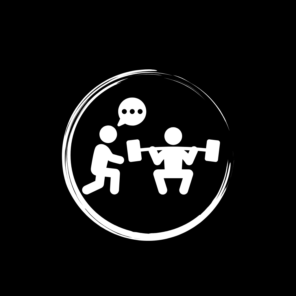 Silhouette drawing of two people, one helping the other lift a barbell, with a speech bubble showing three dots.