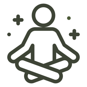 Line drawing of a person sitting cross-legged in a meditative pose with floating decorative elements around them.
