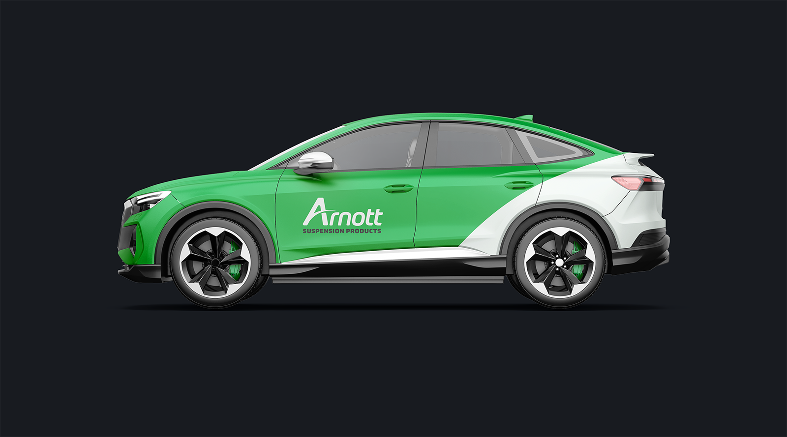 A green and white sedan car with 'Arnott Suspension Products' logo on its side, shown in profile against a black background.