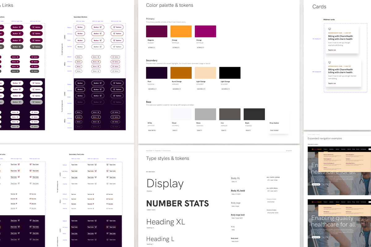 Collection of design documents, including color palette and tokens, card layout, typography styles, navigation examples, and UI element variations for healthcare website.