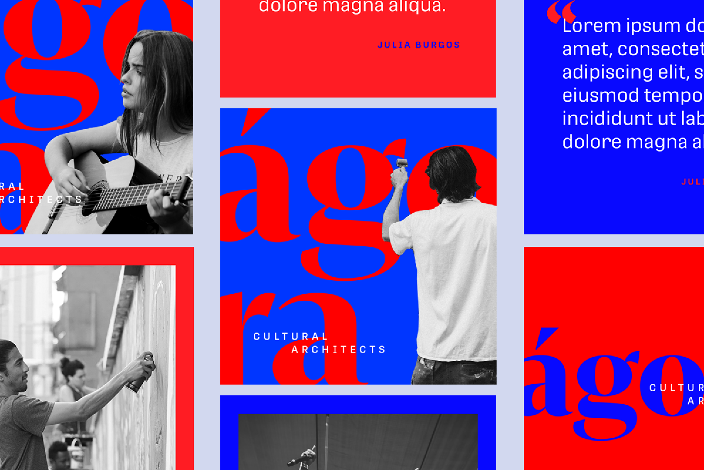 Collage of black and white photos of people engaging in artistic activities, with bold red and blue colored backgrounds, featuring overlaid text such as 'Cultural Architects' and placeholder text.
