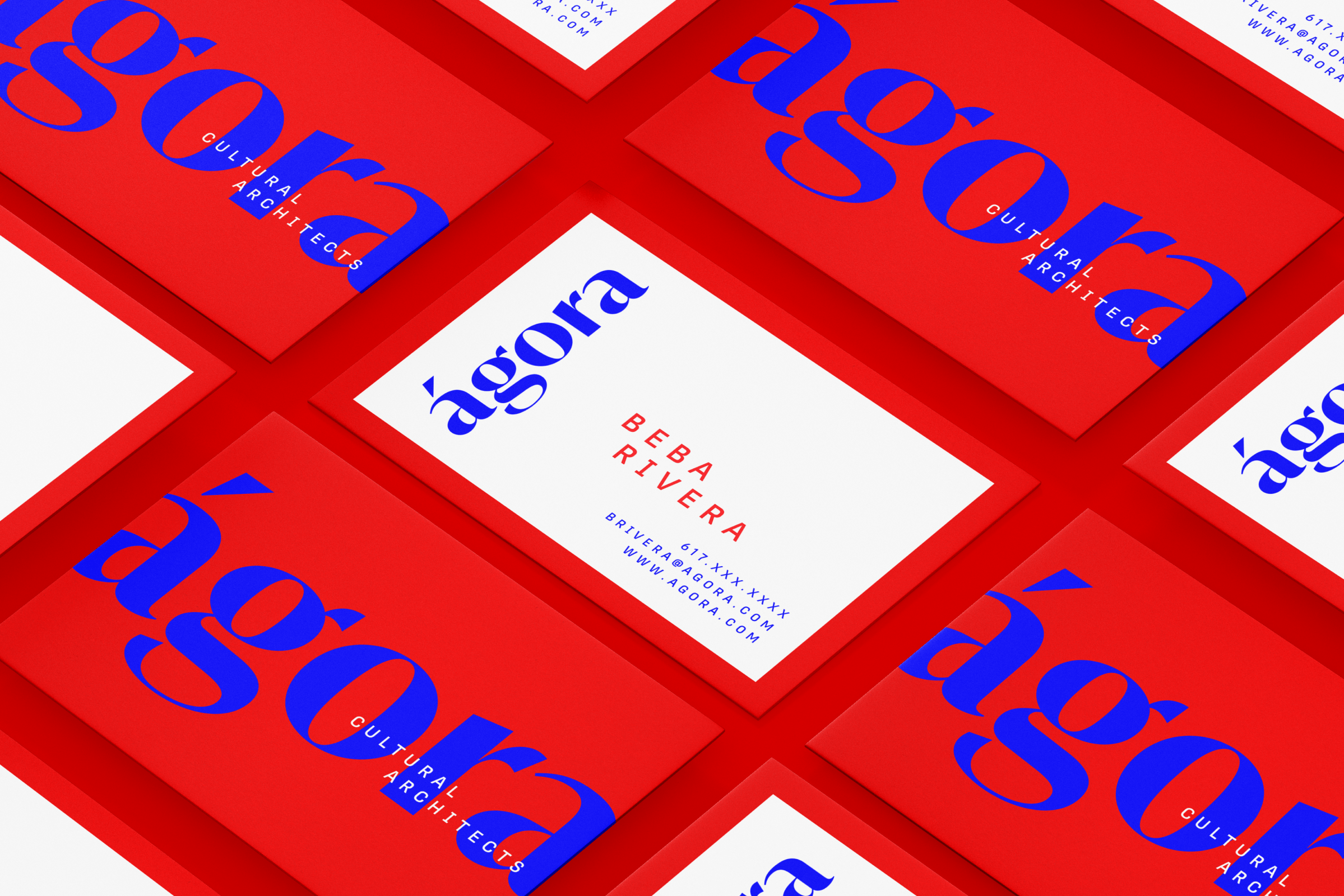Multiple business cards for 'Açora', an architecture firm, are arranged in a grid pattern. The cards feature a red and white background with blue and red text, including contact details and the company's focus on cultural architecture.