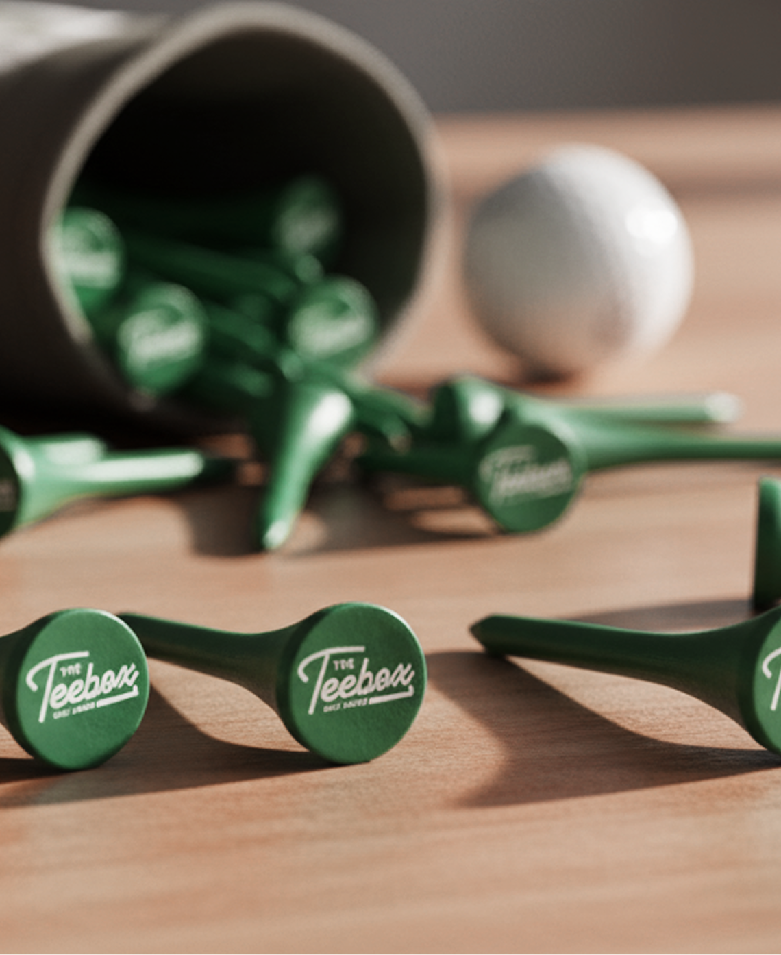 Green golf tees scattered on a wooden surface with a container of additional tees and a white golf ball in the background.