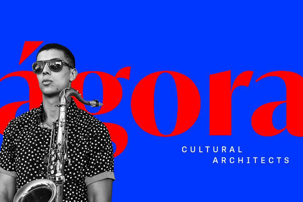 A black and white photo of a woman in sunglasses holding a saxophone, set against a blue background with bold red typography and white text that reads 'cultural architects.'