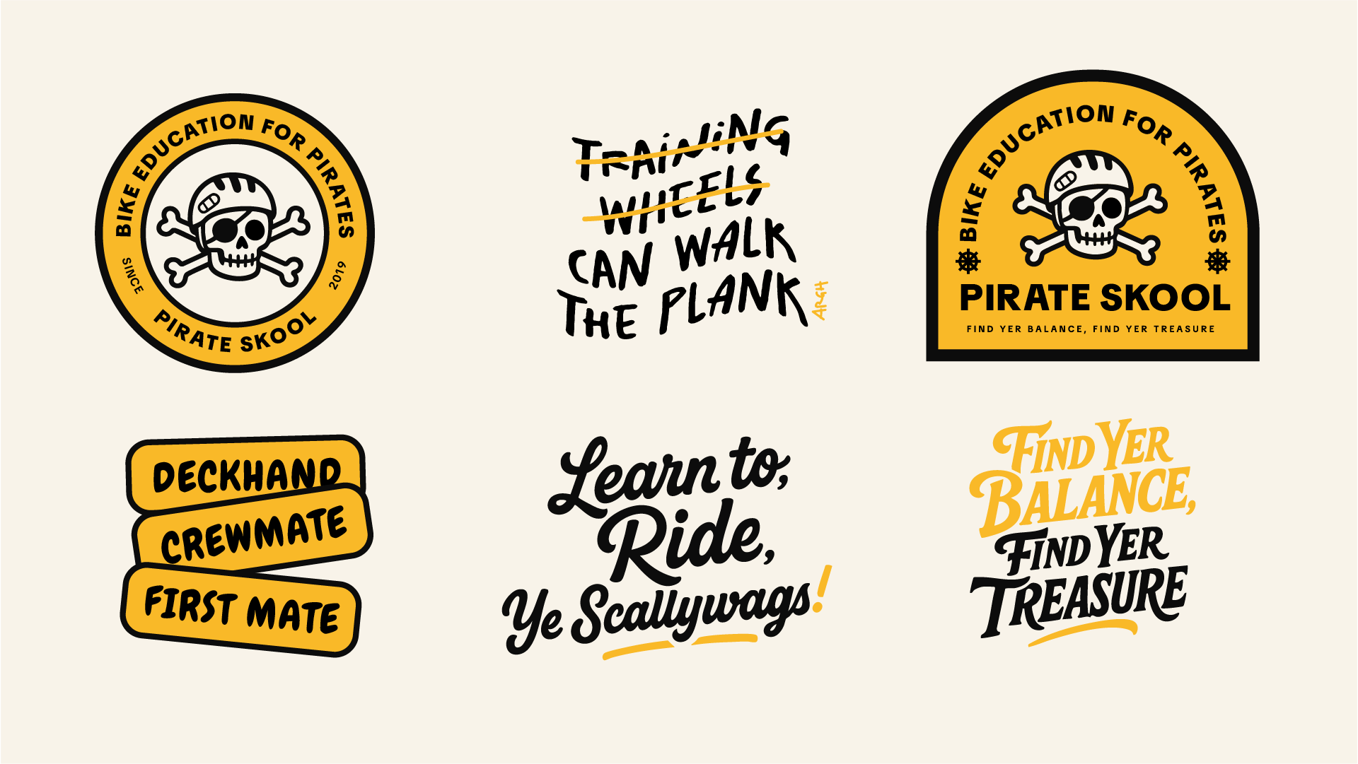 Various promotional graphics and slogans for Pirate Skool, a bike education program for pirates, featuring skull and crossbones logos, training messages, and phrases like 'Learn to Ride,' 'Find Yer Balance,' and 'Find Yer Treasure'.