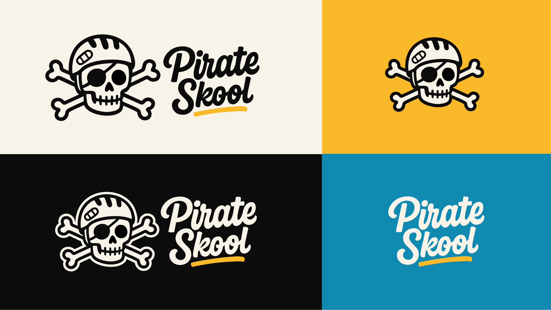 Colored graphic design with a pirate skull wearing an eye patch and helmet, crossed bones, and the text "Pirate Skool" in different color backgrounds