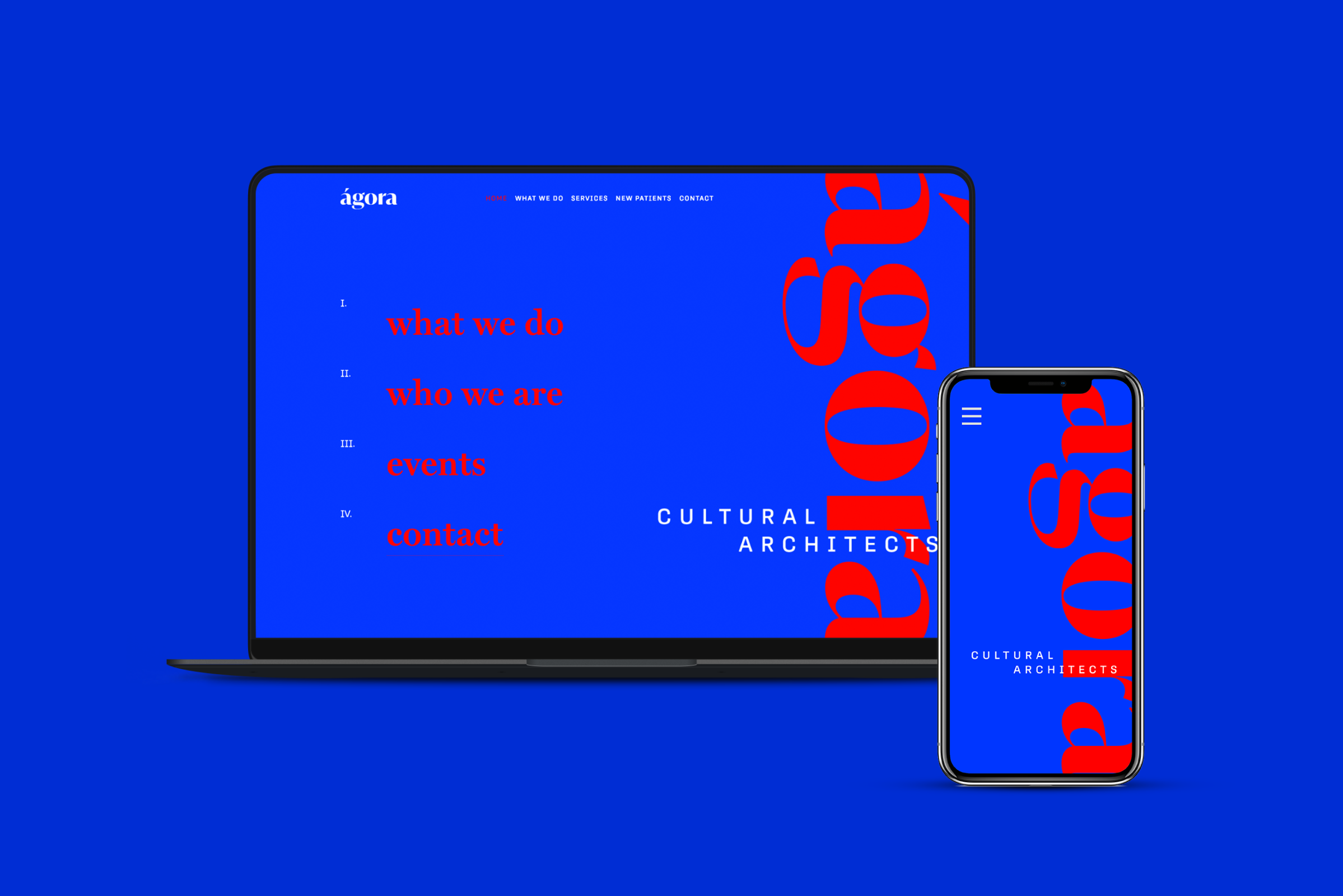 Website homepage displayed on a laptop and smartphone with a blue background. The site features red, white, and blue text with menu options and a large, vertical red text reading 'about us' in the background. The main text includes sections titled 'what we do,' 'who we are,' 'events,' and 'contact.' The site is for an organization called 'Cultural Architects'.