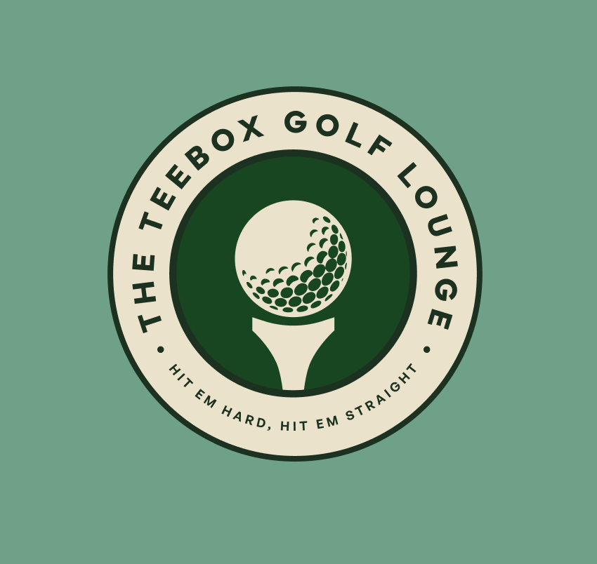 Logo for The TeeBox Golf Lounge featuring a golf ball on a tee inside a circular border with the slogan 'Hit Em Hard, Hit Em Straight'.