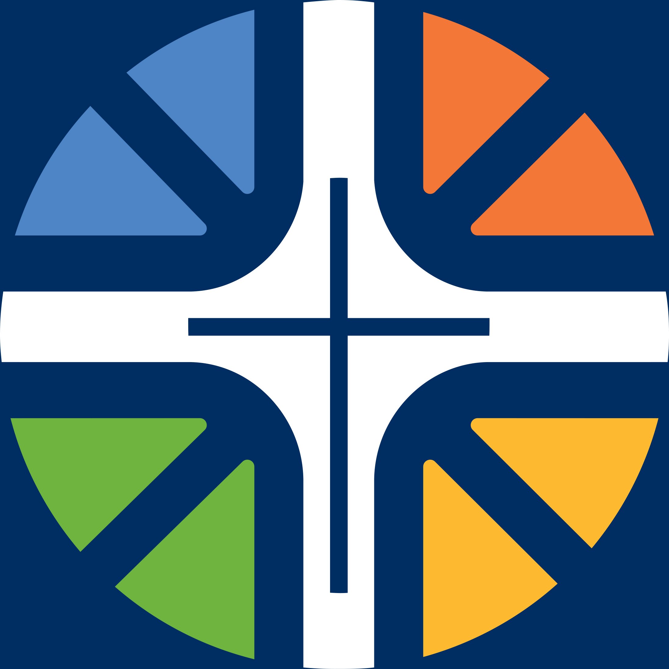 A stylized geometric logo with four quadrants, each containing a triangle and a thick border, in blue, orange, green, and yellow colors.