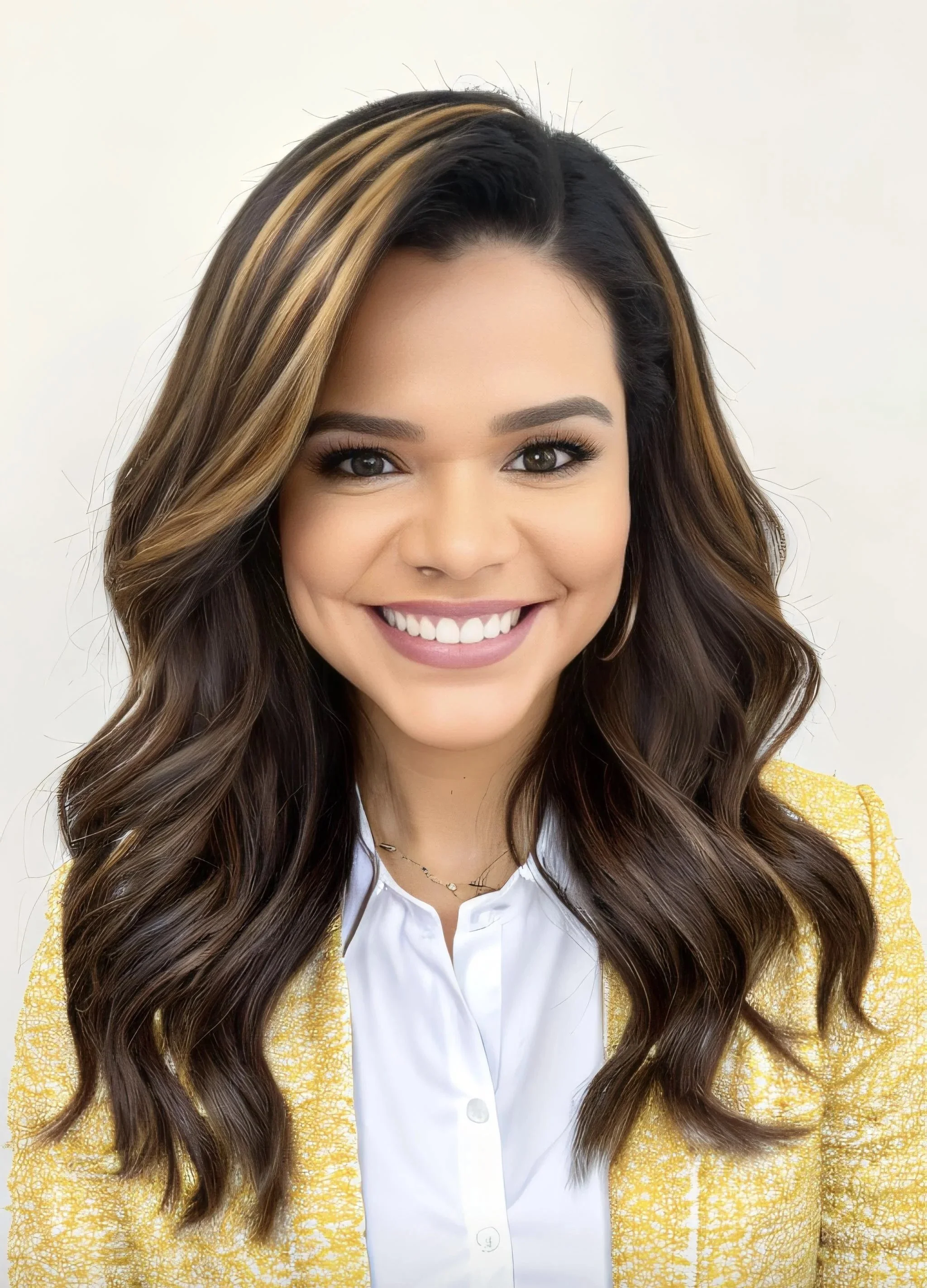A woman with long, wavy brown hair with blonde highlights, smiling in front of a plain white background. She is wearing a yellow textured blazer over a white button-up shirt and a delicate necklace.