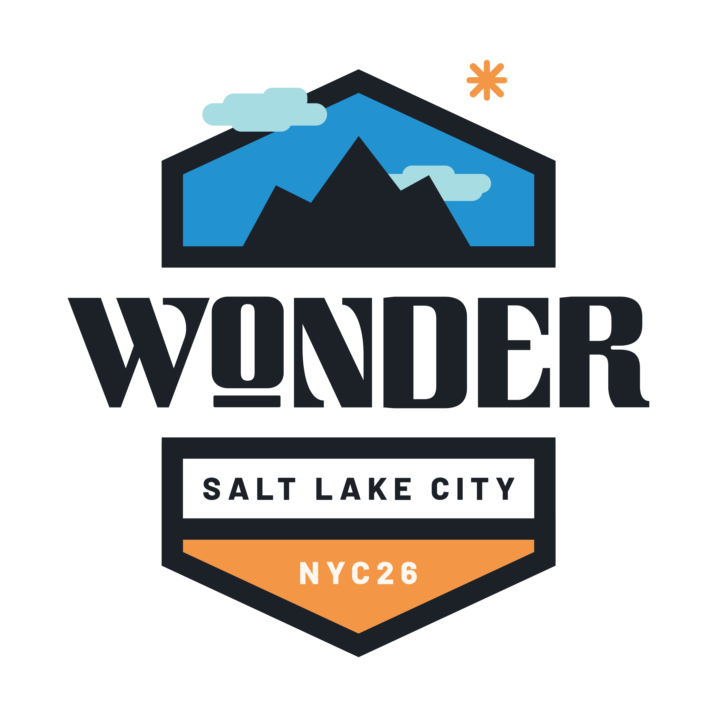 Logo for Wonder Salt Lake City featuring a mountain range with clouds, a sun, and stylized text reading "WONDER" with "Salt Lake City" and "NYC26" below.