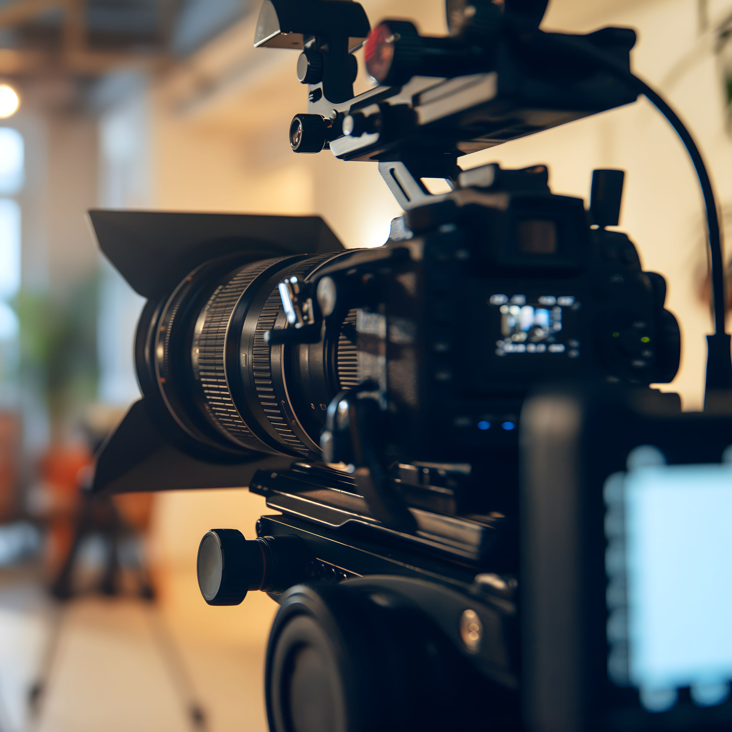 A professional camera mounted on a rig, with a large lens and monitor, used for filming in an indoor setting.